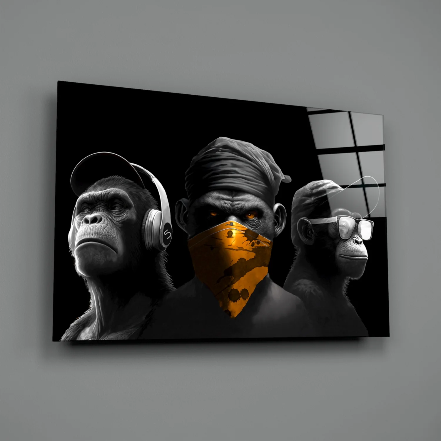 3 Wise Monkeys Chrome Edition Glass Wall Art || Designer Collection - Image 2
