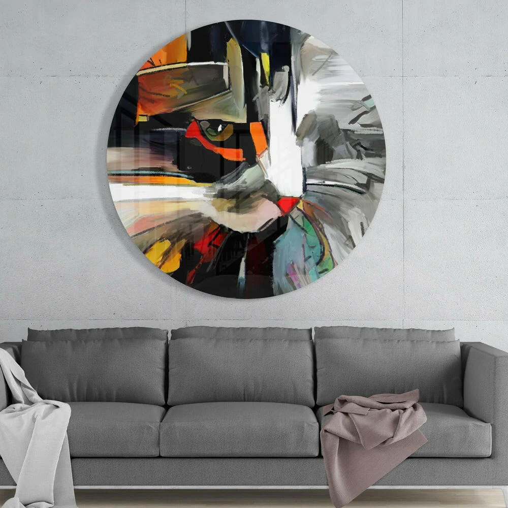 Abstract Painterly Cat Round Glass Wall Art - Image 2