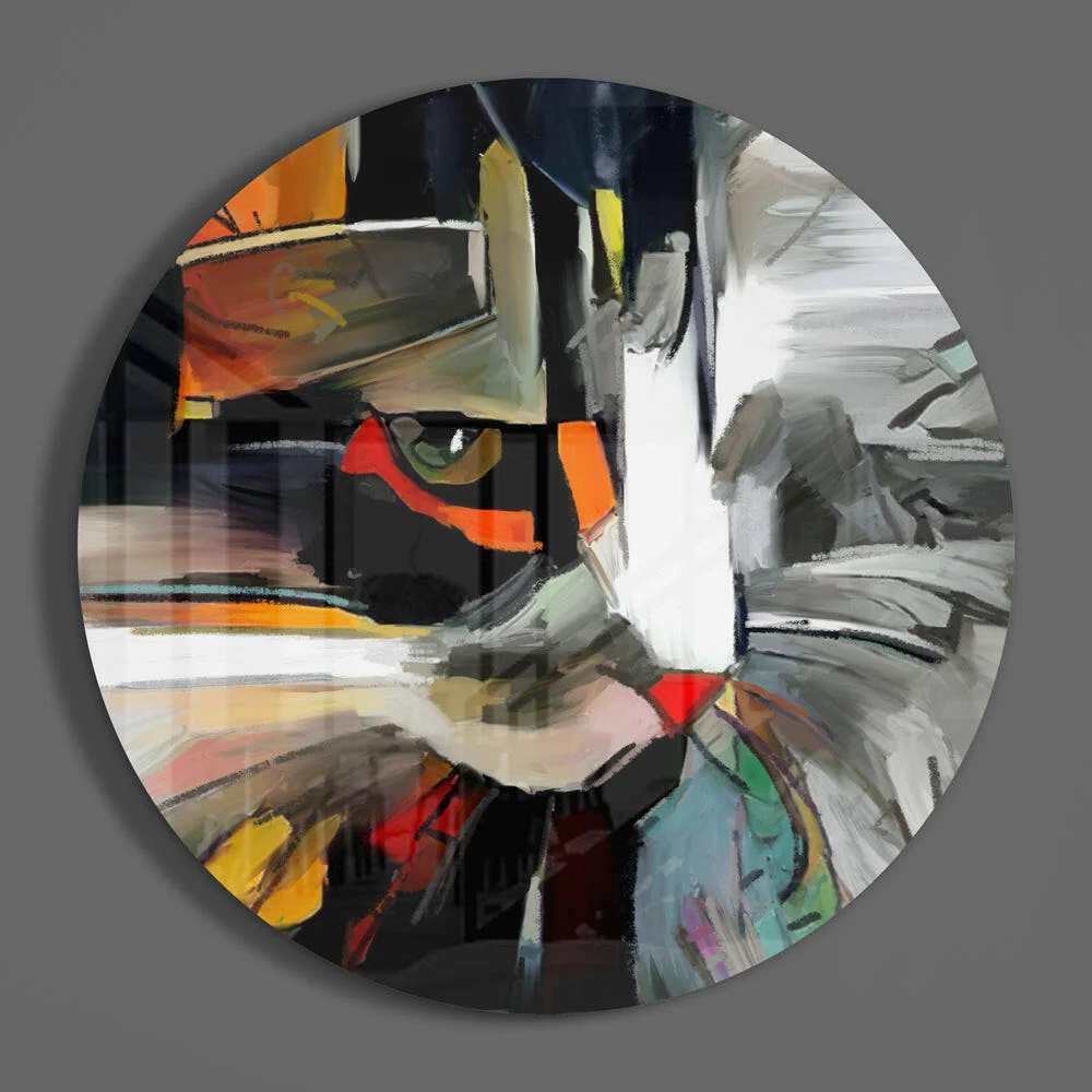 Abstract Painterly Cat Round Glass Wall Art - Image 3
