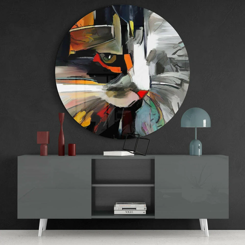 Abstract Painterly Cat Round Glass Wall Art - Image 4