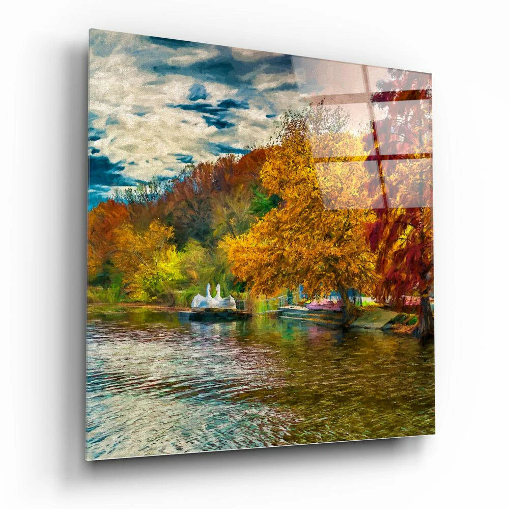 Autumn Lake Fountain Painting Glass Wall Art - Image 2