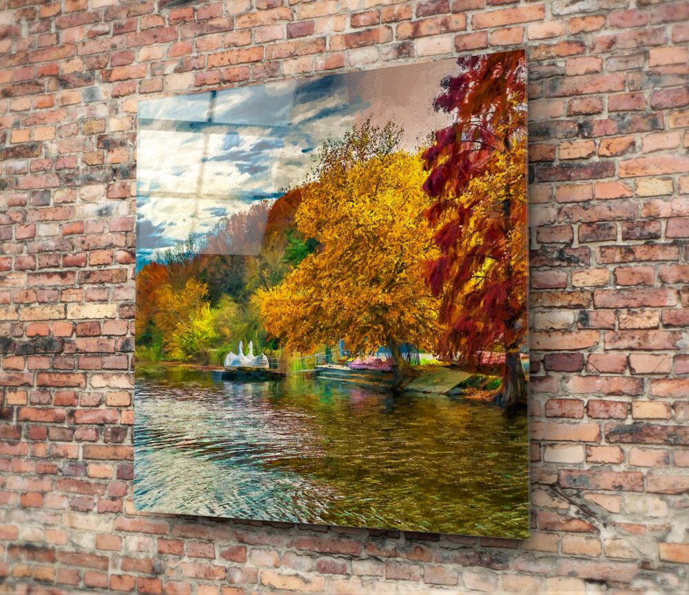 Autumn Lake Fountain Painting Glass Wall Art - Image 3