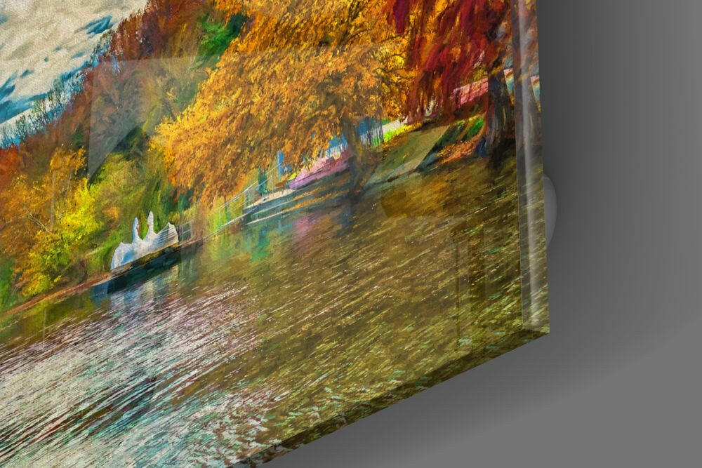 Autumn Lake Fountain Painting Glass Wall Art - Image 4