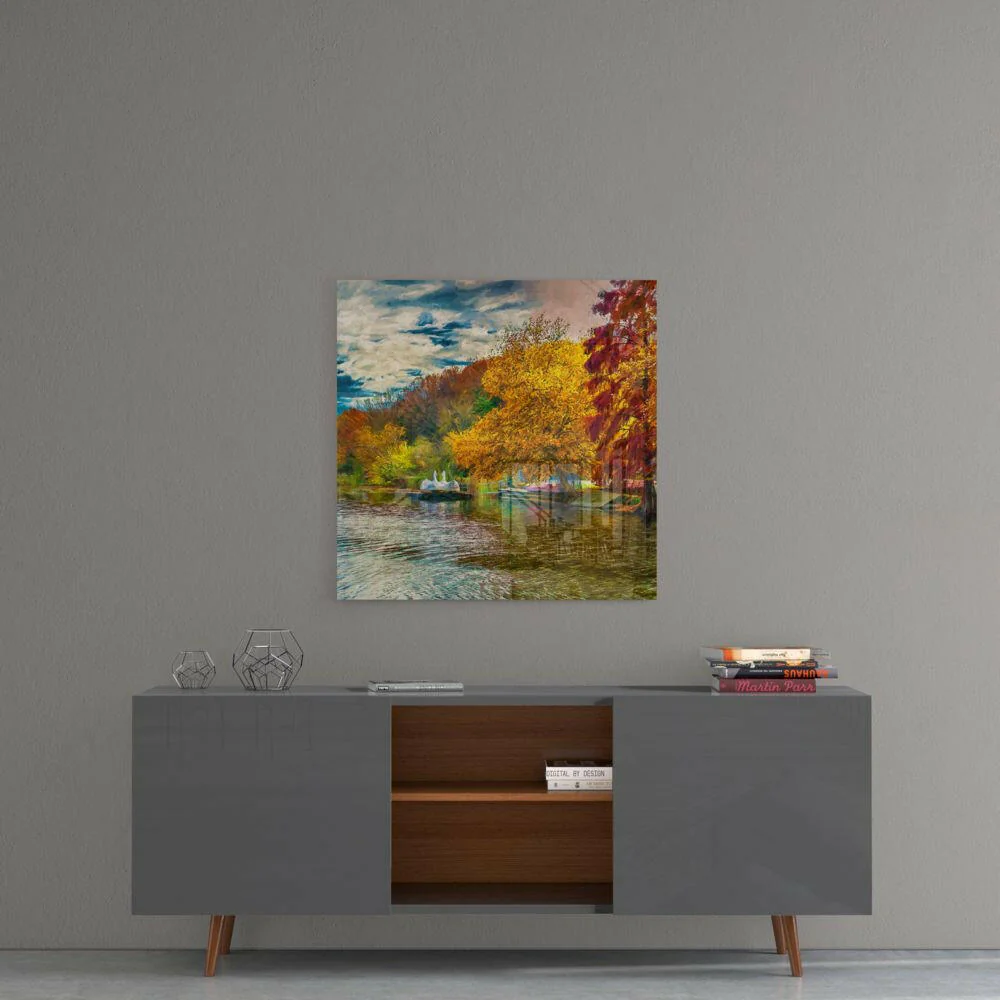 Autumn Lake Fountain Painting Glass Wall Art - Image 5