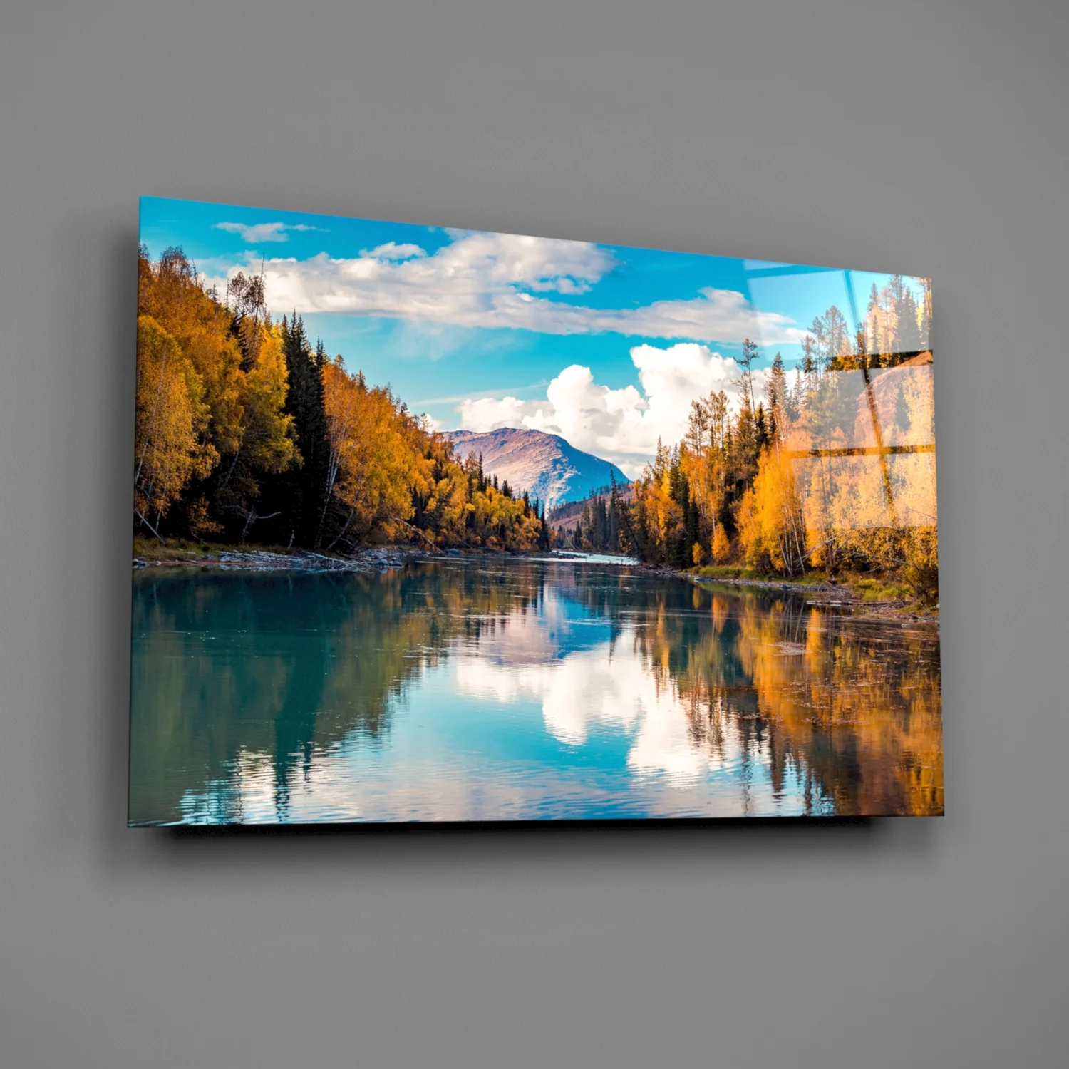 Autumn River Mountain Reflection Glass Wall Art - Image 2
