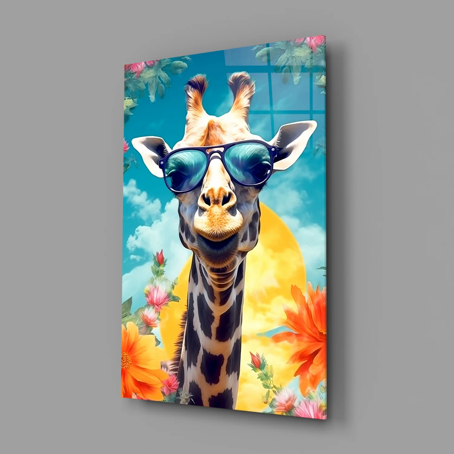 Aviator Giraffe Sky and Flowers Glass Wall Art - Image 2