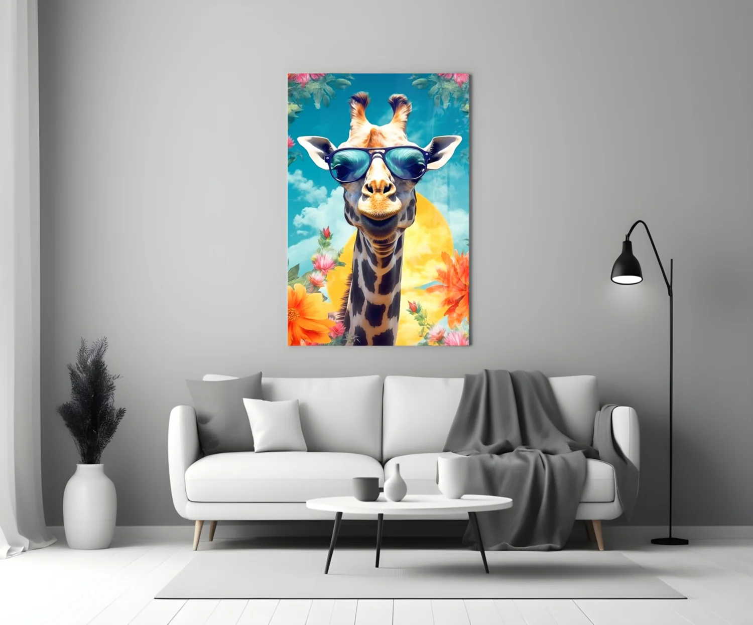 Aviator Giraffe Sky and Flowers Glass Wall Art - Image 3