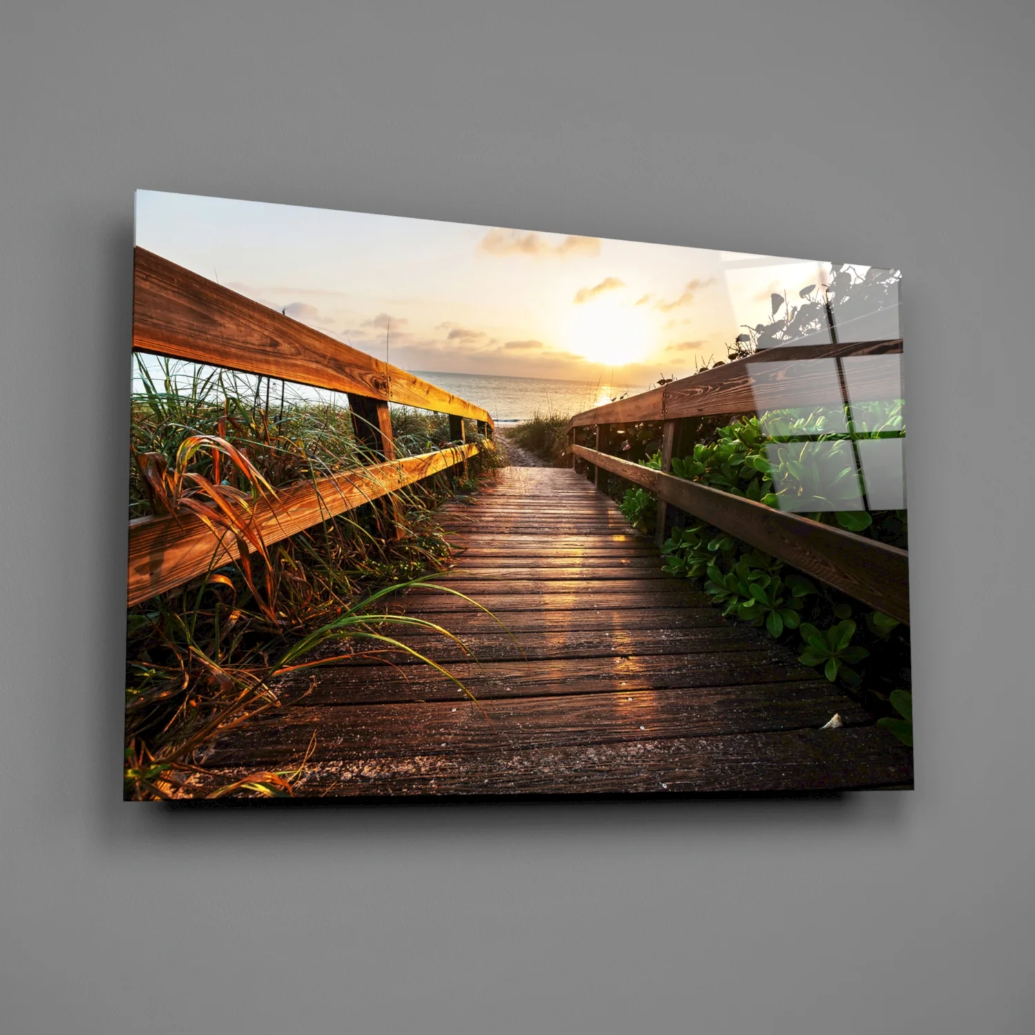 Beach Boardwalk Path Sunset Glass Wall Art - Image 2