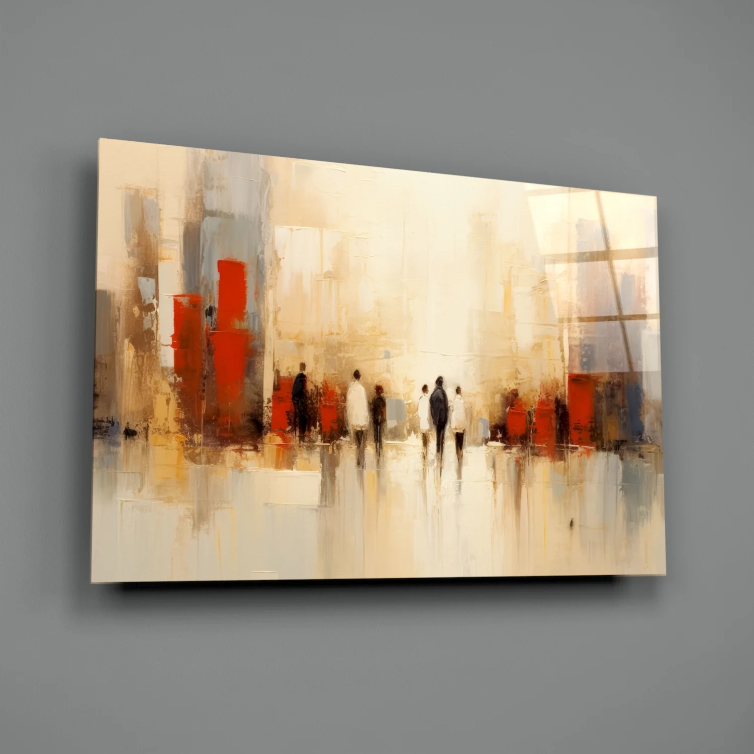 Beige Cityscape Walking Figures Glass Wall Art - Image 2