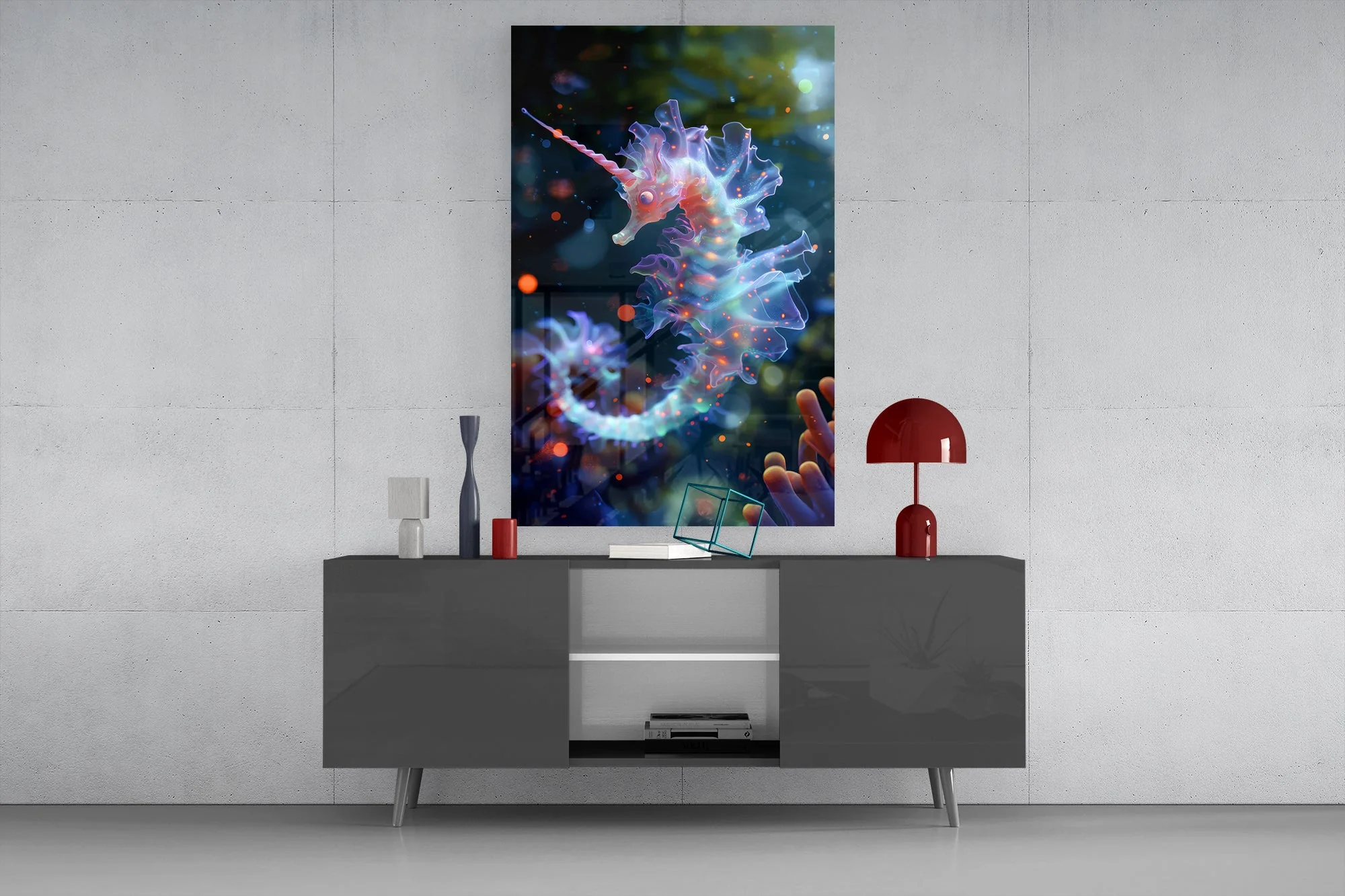 Bioluminescent Mythical Seahorse Glass Wall Art - Image 8