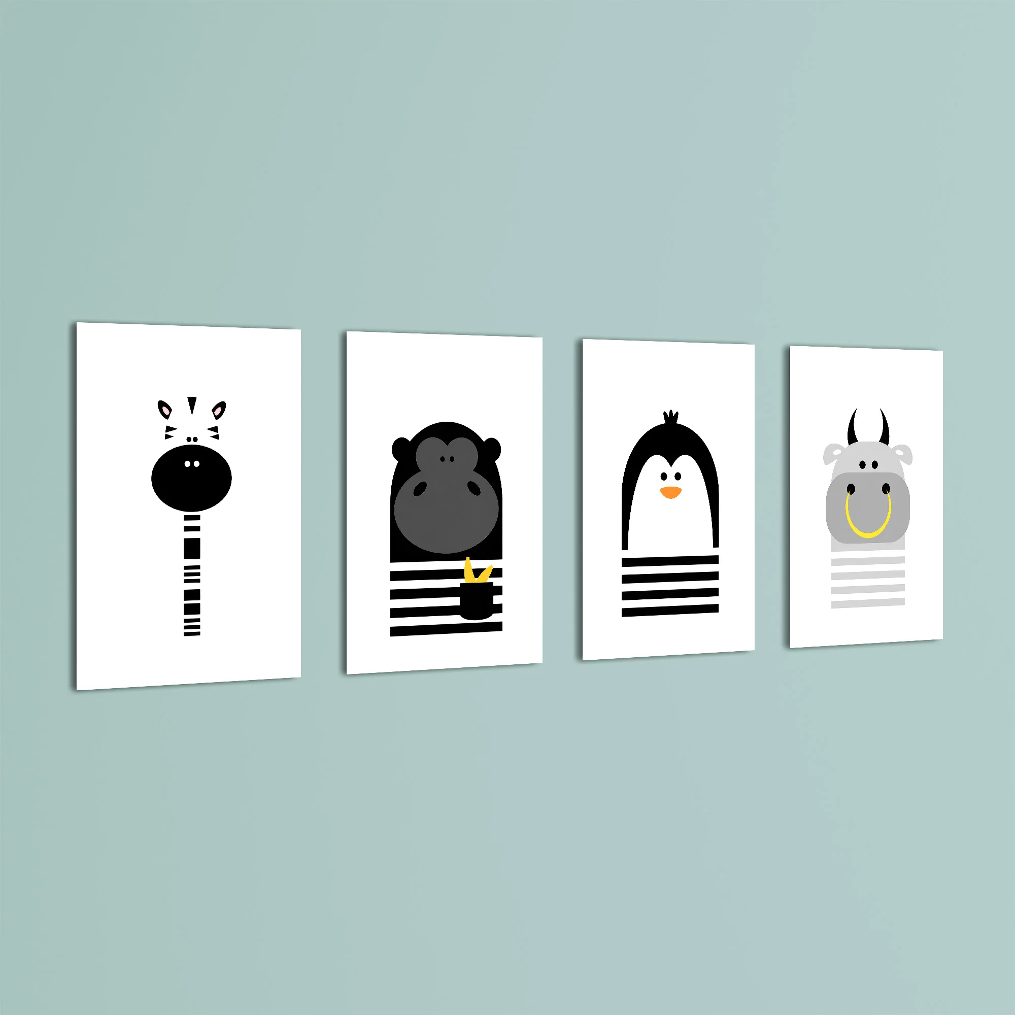 Black and White Animals Zebra Gorilla Penguin Hippo 4 Pieces Kids Metal Wall Art