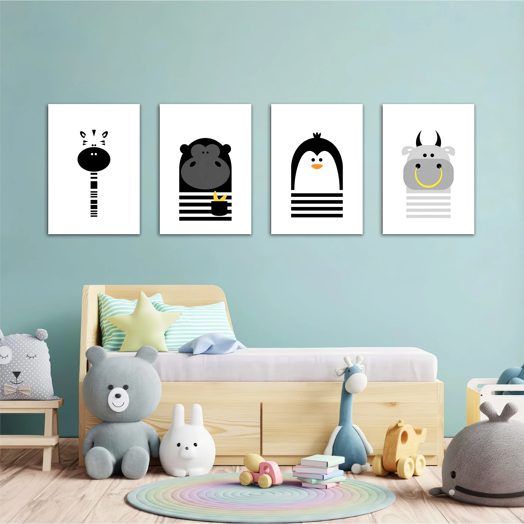Black and White Animals Zebra Gorilla Penguin Hippo 4 Pieces Kids Metal Wall Art - Image 2