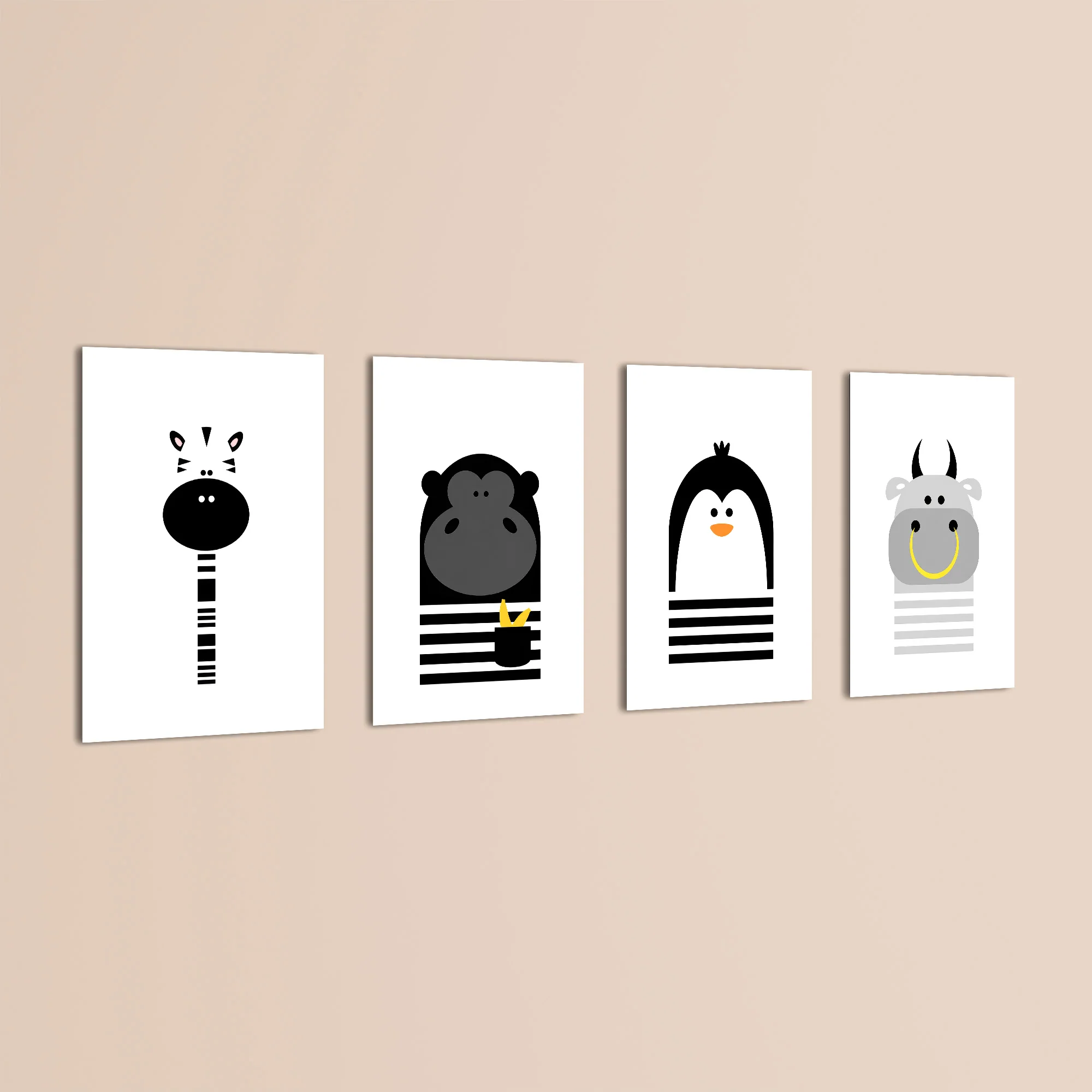 Black and White Animals Zebra Gorilla Penguin Hippo 4 Pieces Kids Metal Wall Art - Image 3
