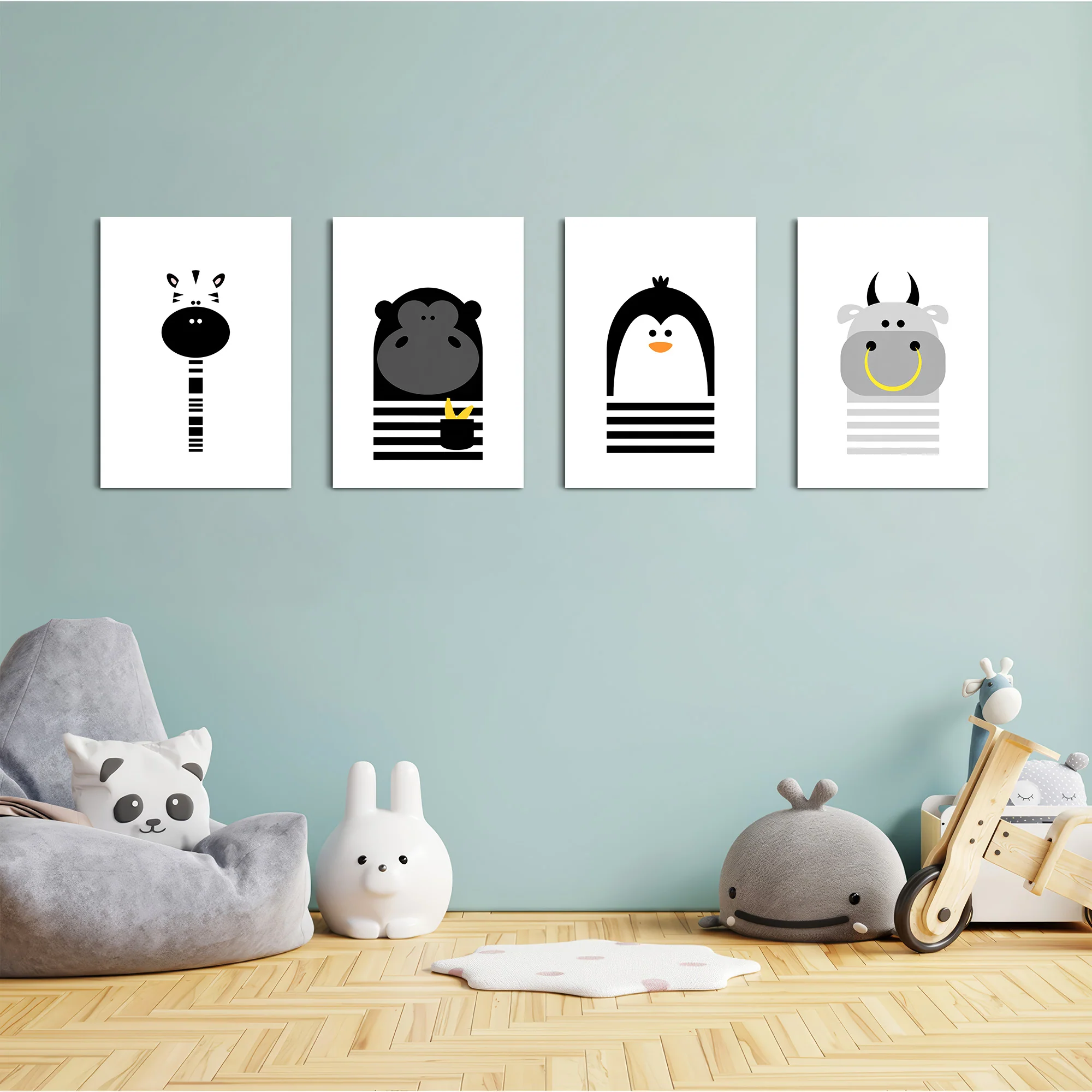 Black and White Animals Zebra Gorilla Penguin Hippo 4 Pieces Kids Metal Wall Art - Image 4