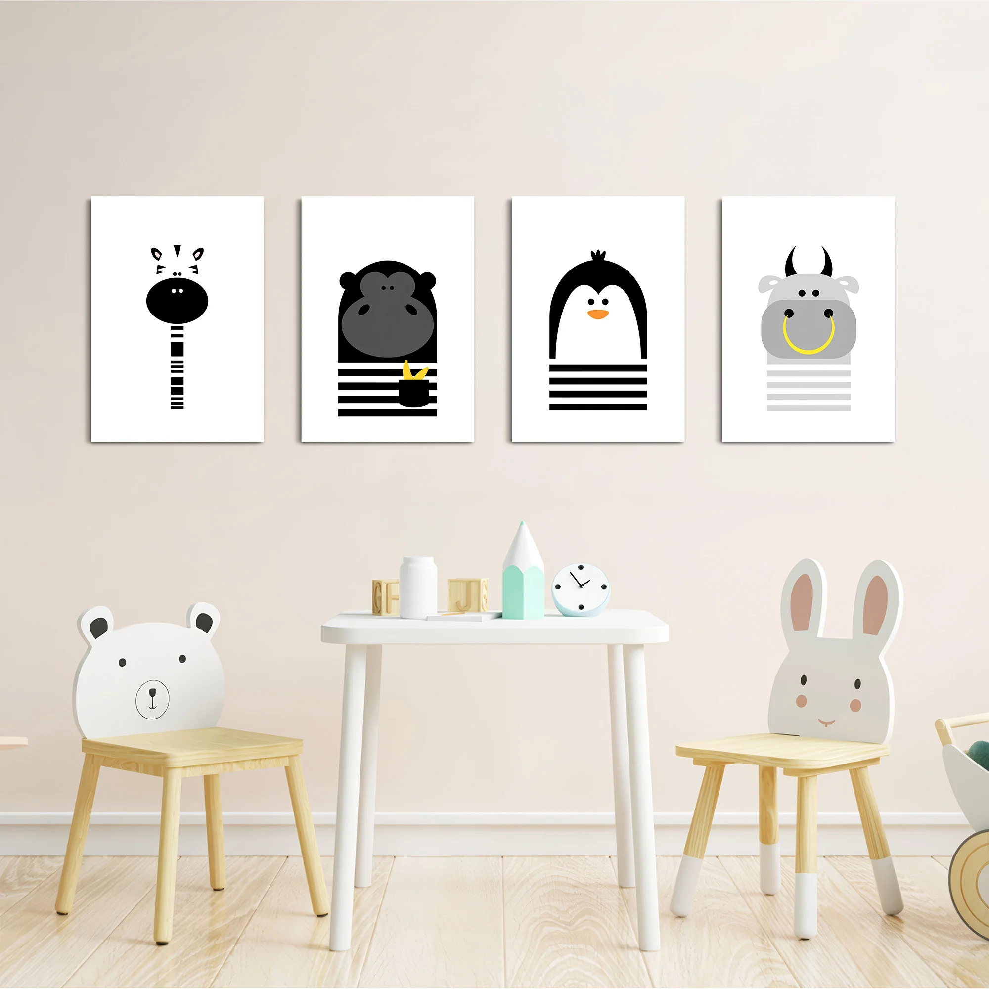 Black and White Animals Zebra Gorilla Penguin Hippo 4 Pieces Kids Metal Wall Art - Image 5