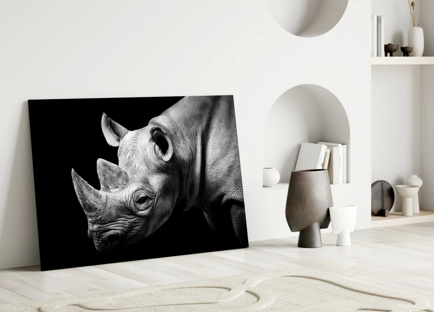 Black and White Rhino Portrait Glass Wall Art - Image 3