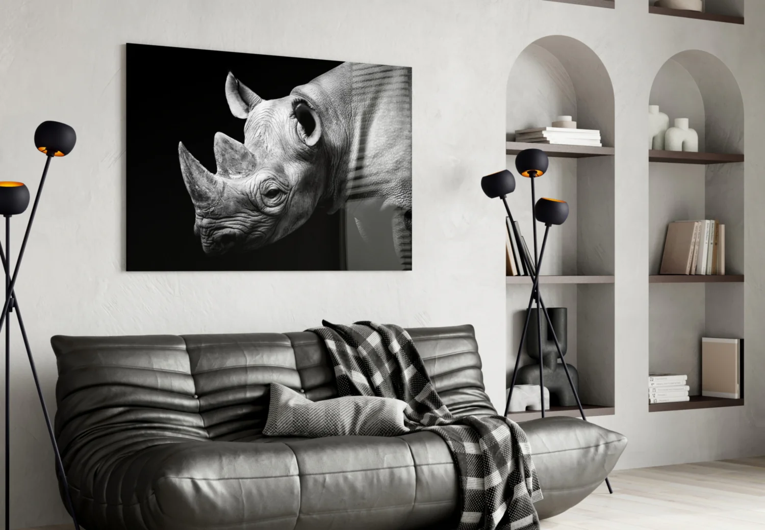 Black and White Rhino Portrait Glass Wall Art - Image 4