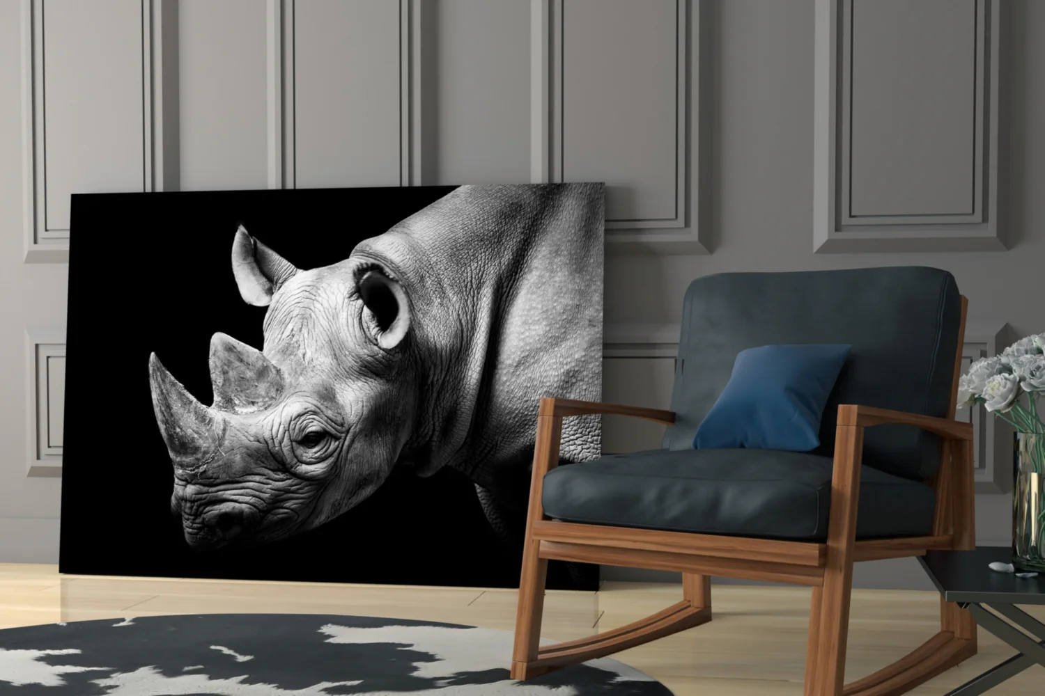 Black and White Rhino Portrait Glass Wall Art - Image 6