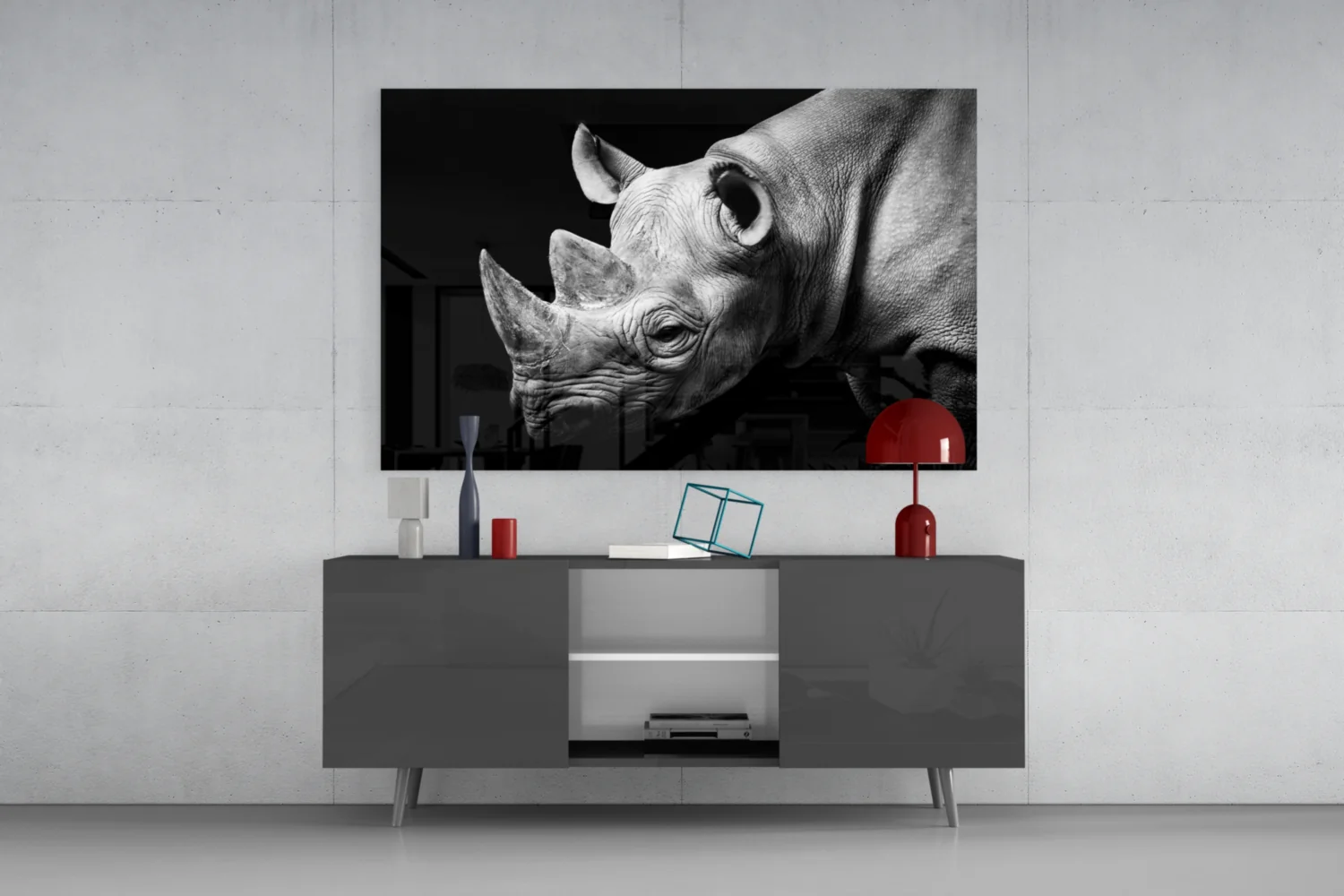 Black and White Rhino Portrait Glass Wall Art - Image 8
