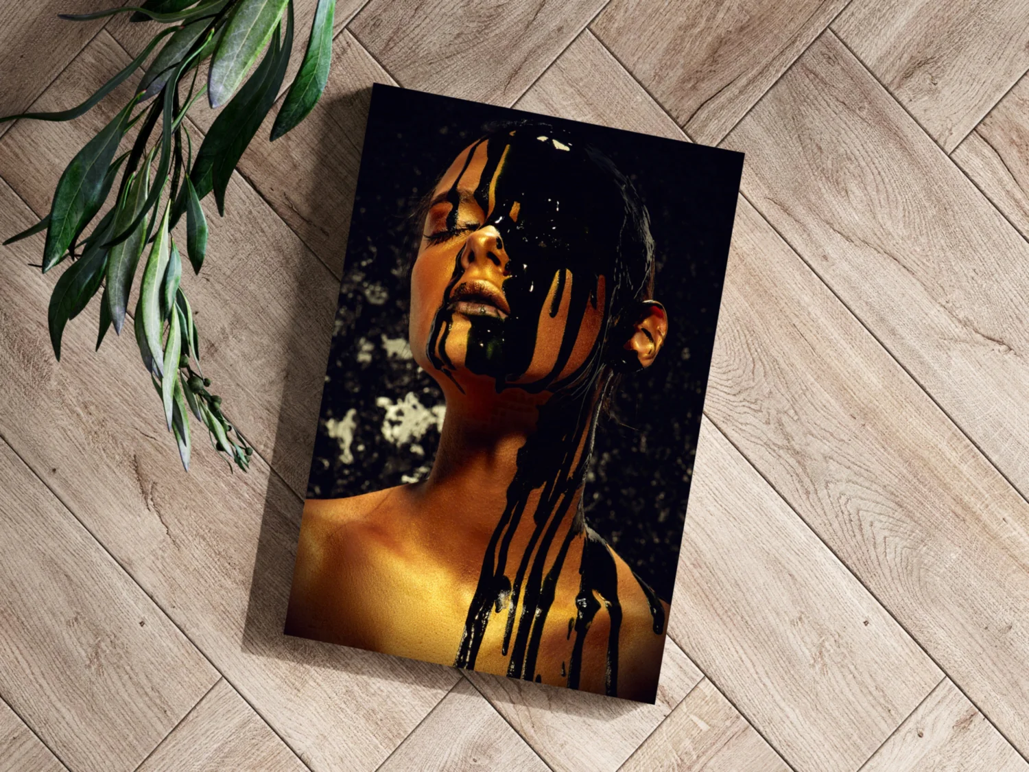 Black Paint Dripping Gold Aluminum Print - Image 3