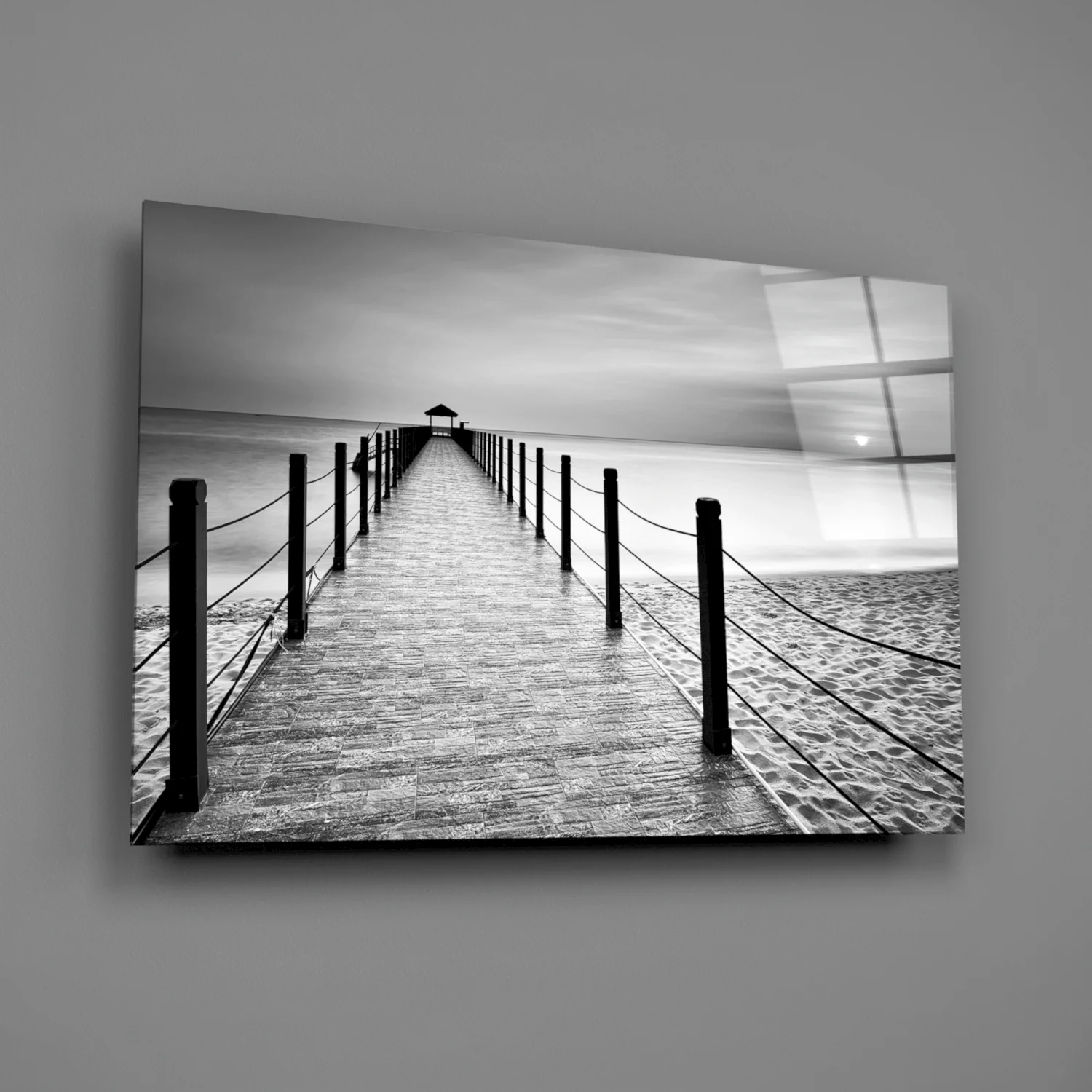 Black White Beach Boardwalk Ropes Glass Wall Art - Image 2