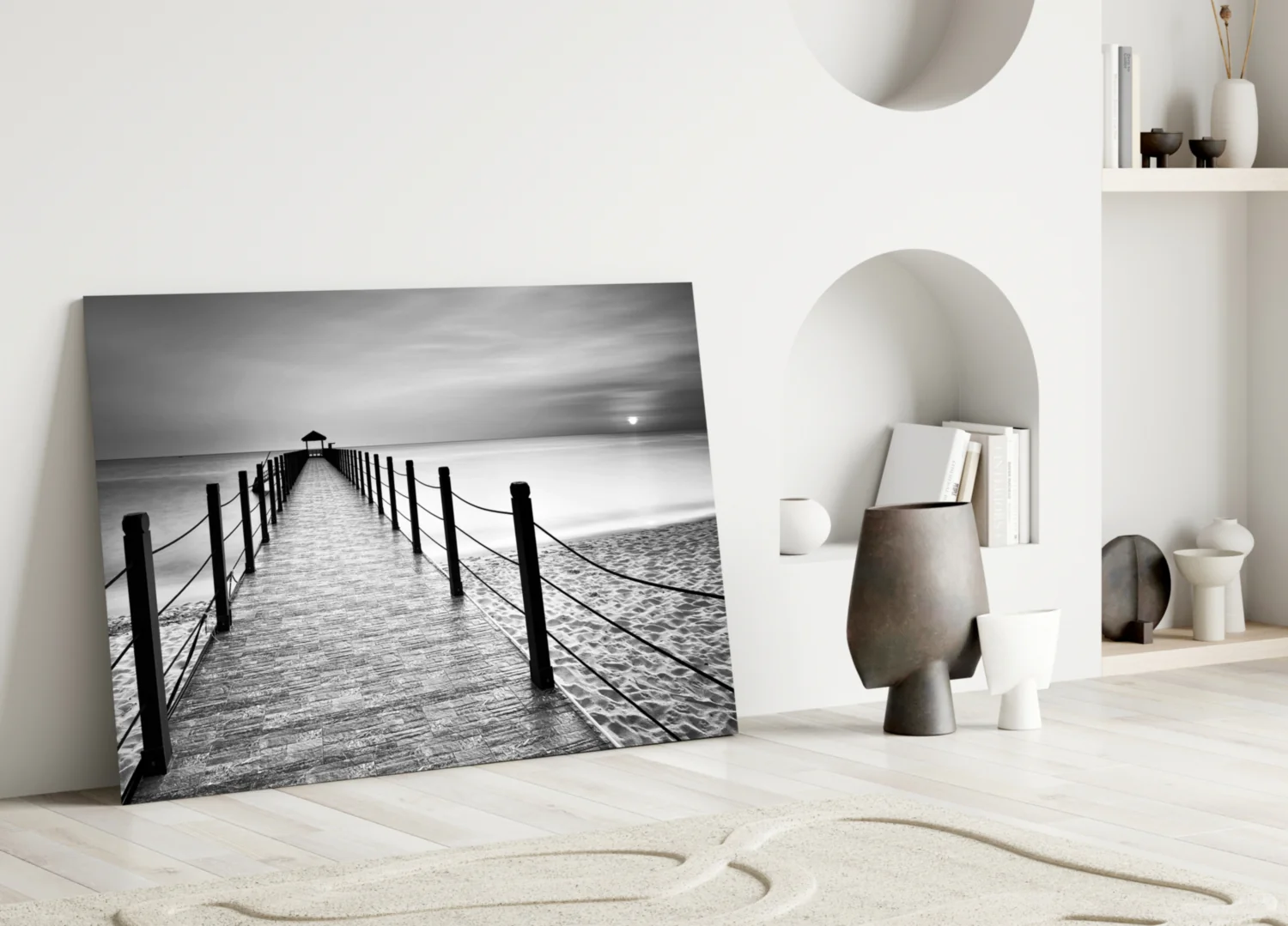 Black White Beach Boardwalk Ropes Glass Wall Art - Image 3