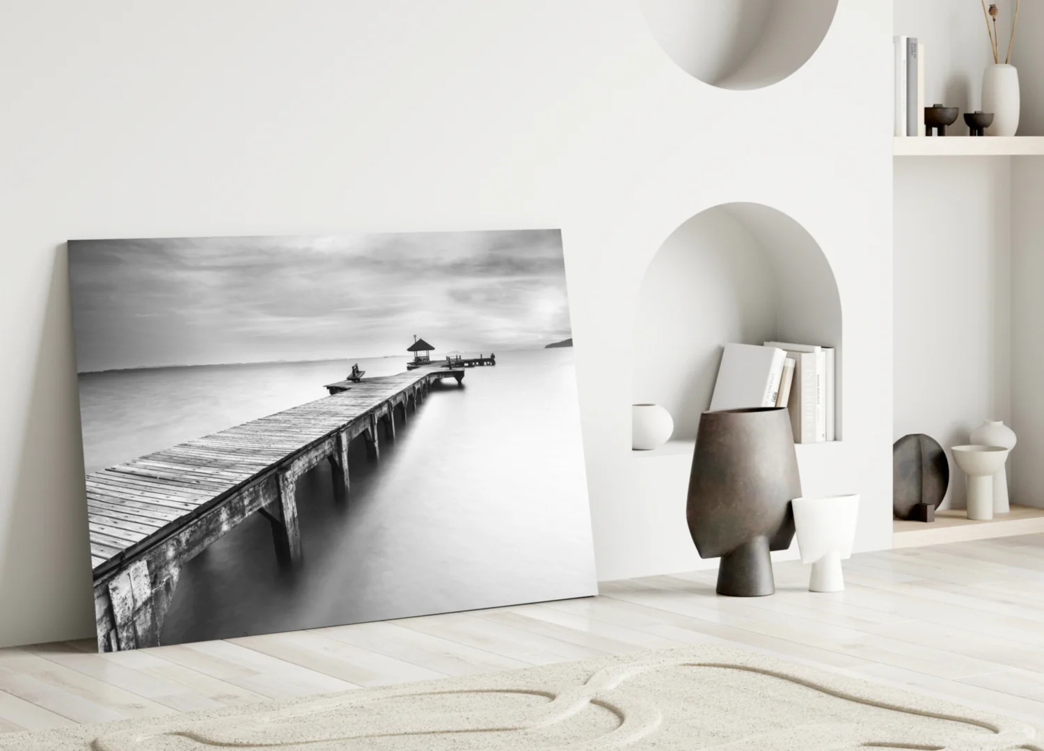 Black White Misty Pier Pavilion Glass Wall Art - Image 3