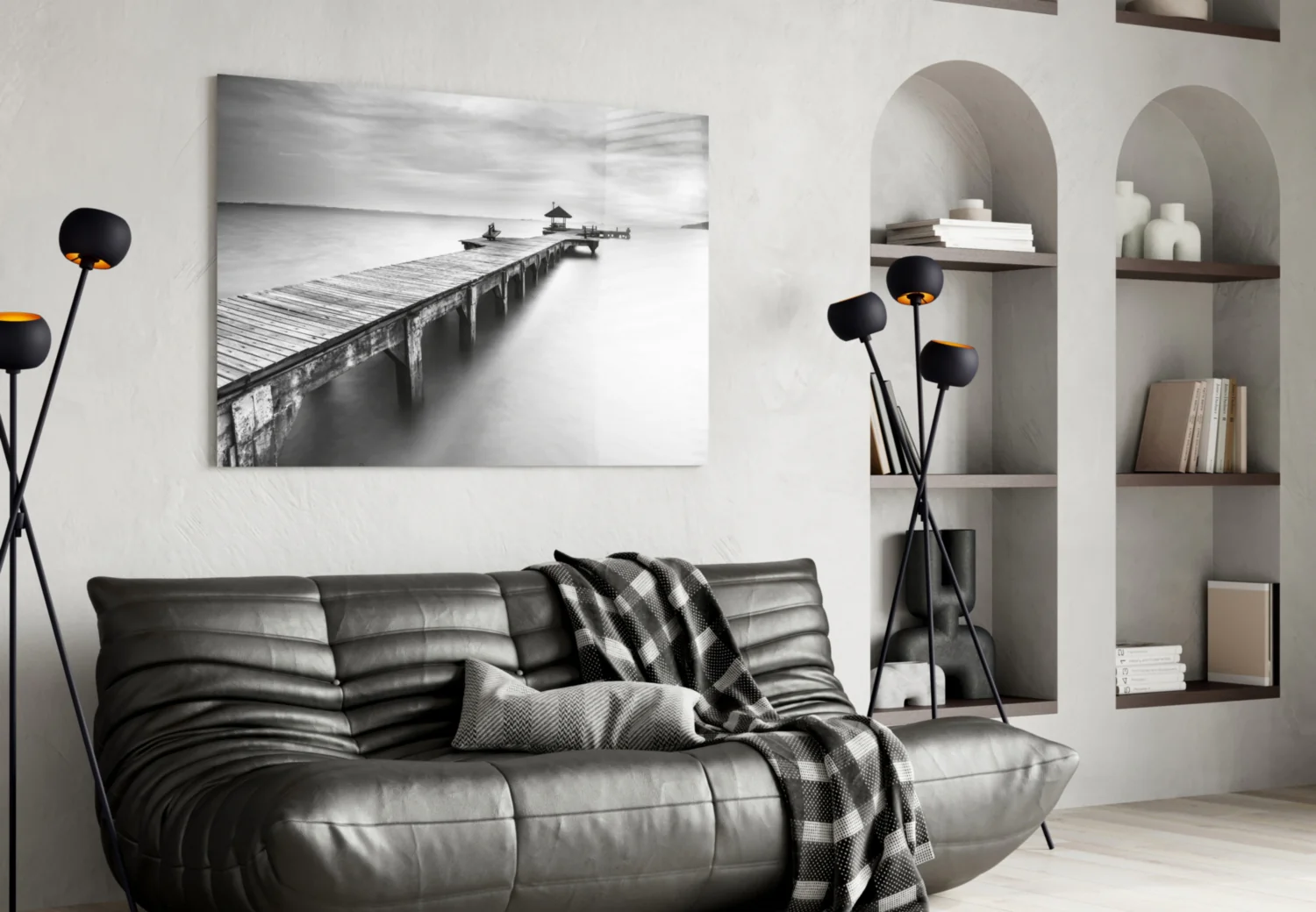 Black White Misty Pier Pavilion Glass Wall Art - Image 4