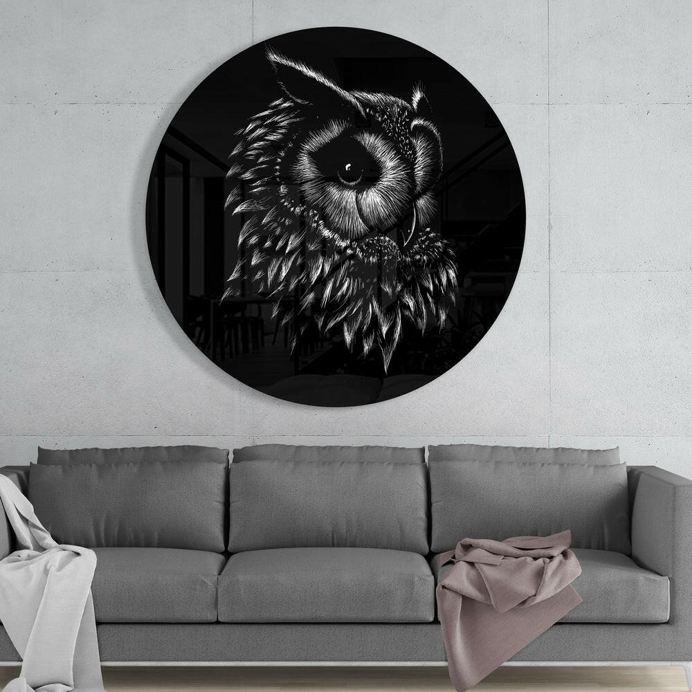 Black White Owl Sketch Glass Wall Art - Image 2
