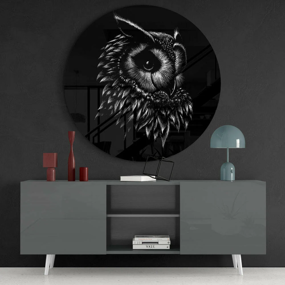 Black White Owl Sketch Glass Wall Art - Image 4