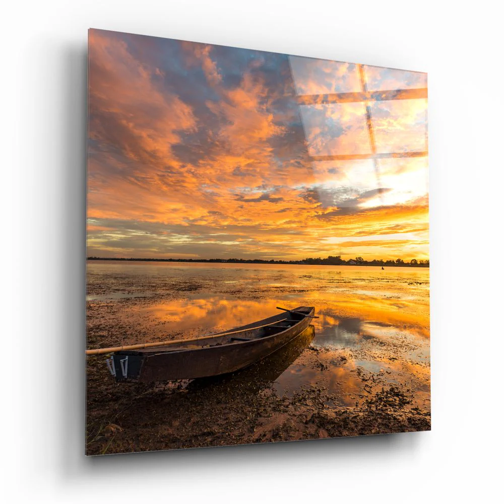 Blazing Sky Lakeside Boat Glass Wall Art - Image 2