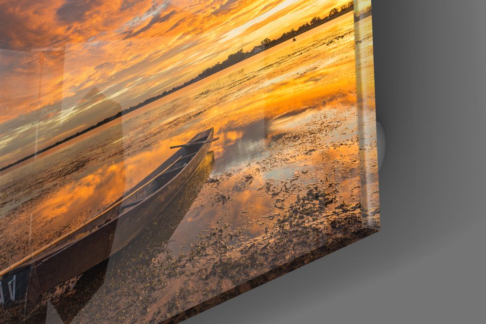 Blazing Sky Lakeside Boat Glass Wall Art - Image 3
