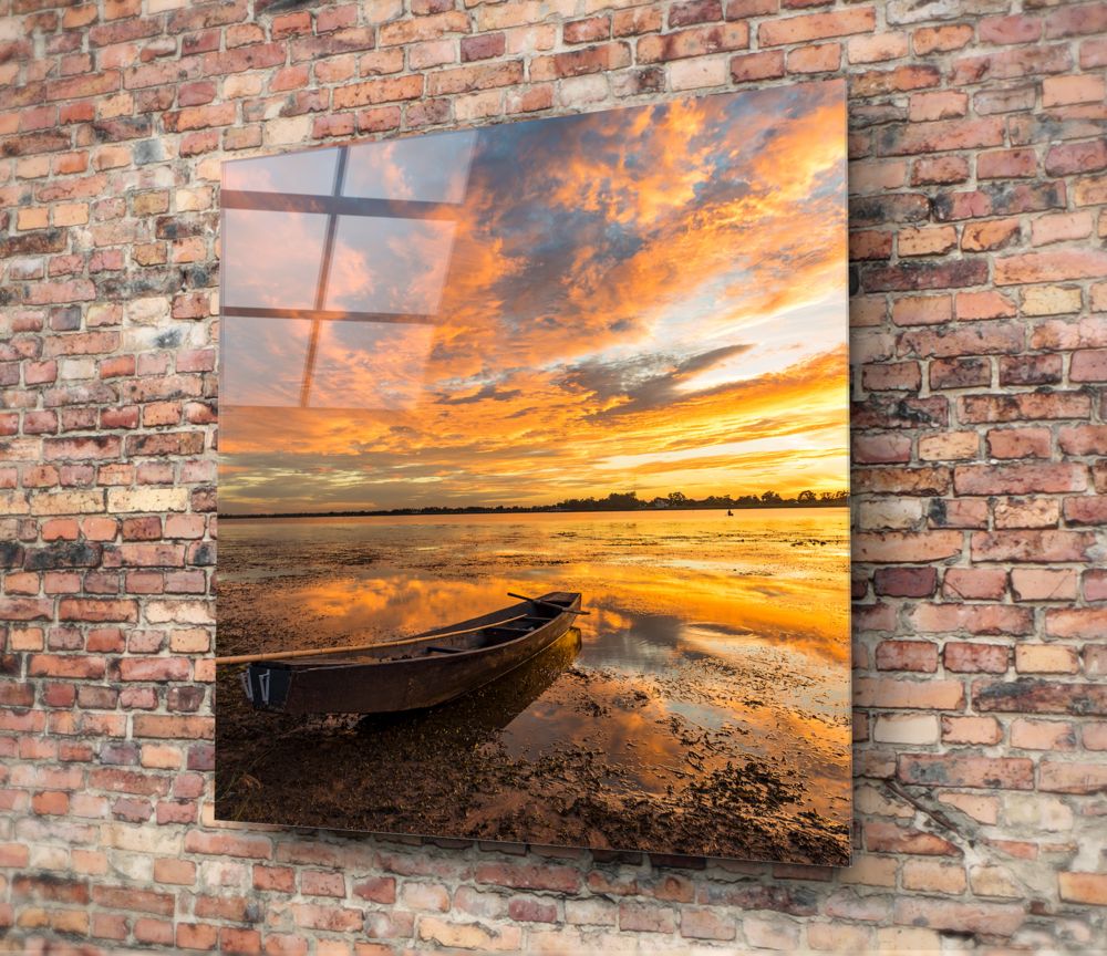 Blazing Sky Lakeside Boat Glass Wall Art - Image 4
