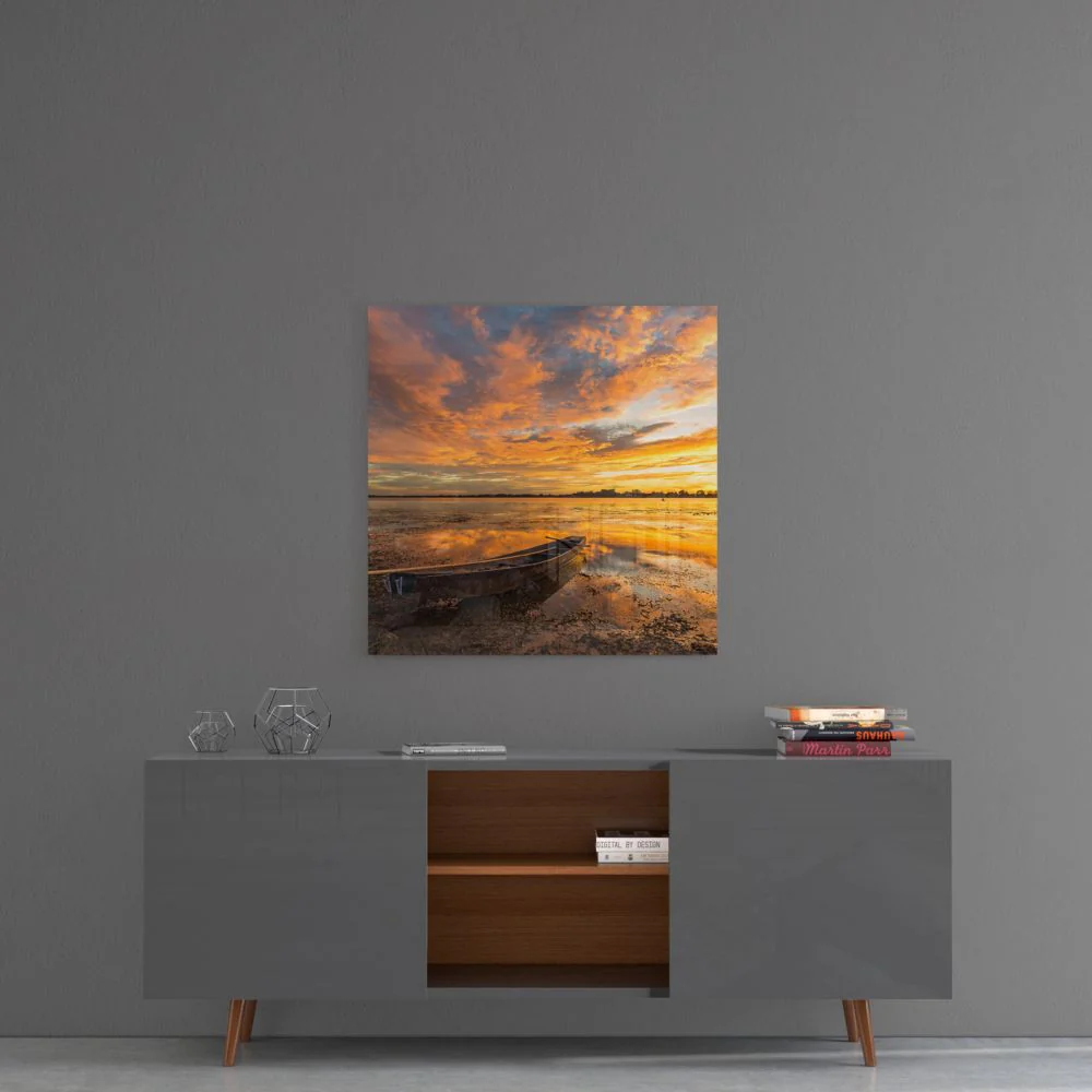 Blazing Sky Lakeside Boat Glass Wall Art - Image 5