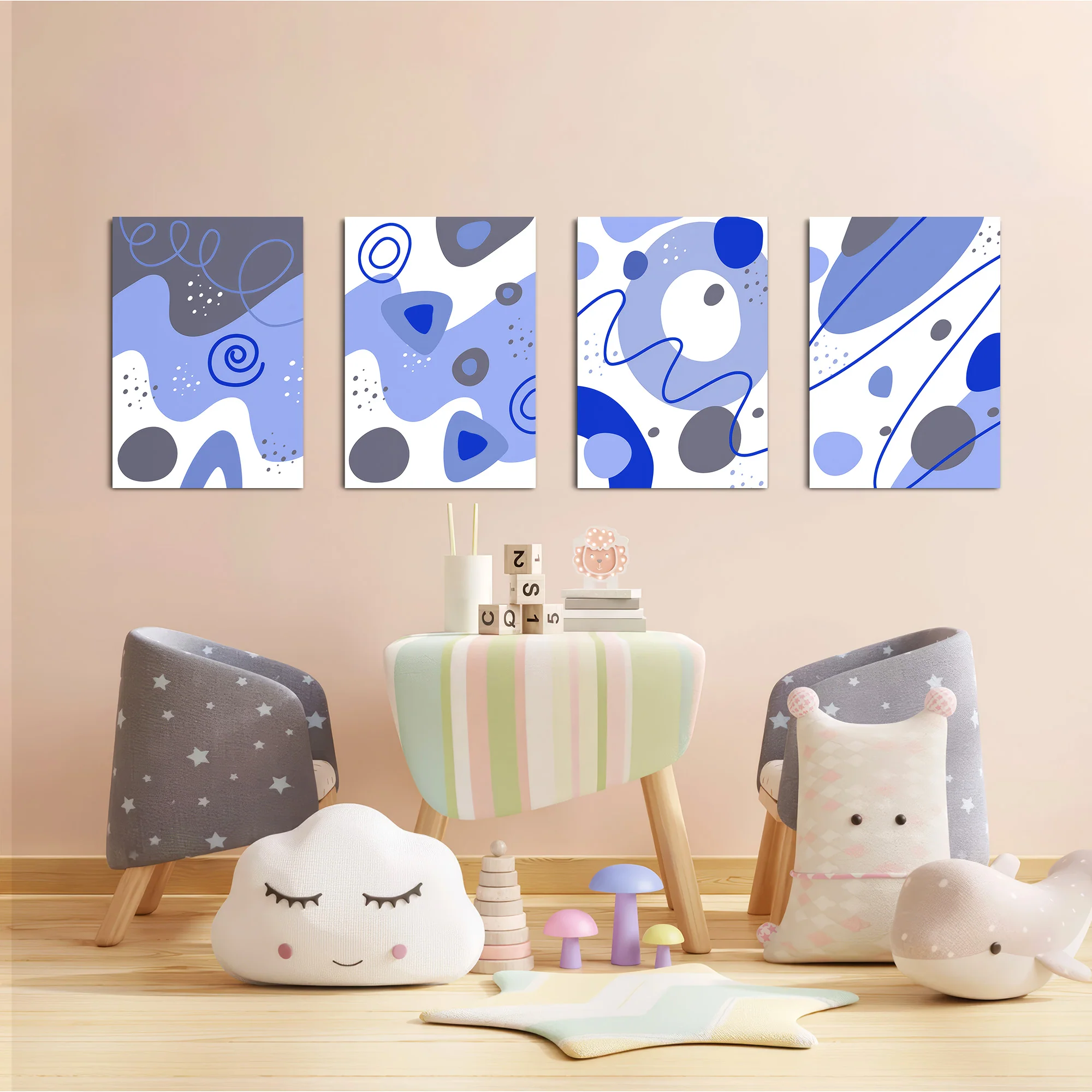 Blue Abstract Organic Shapes 4 Pieces Kids Metal Wall Art - Image 6