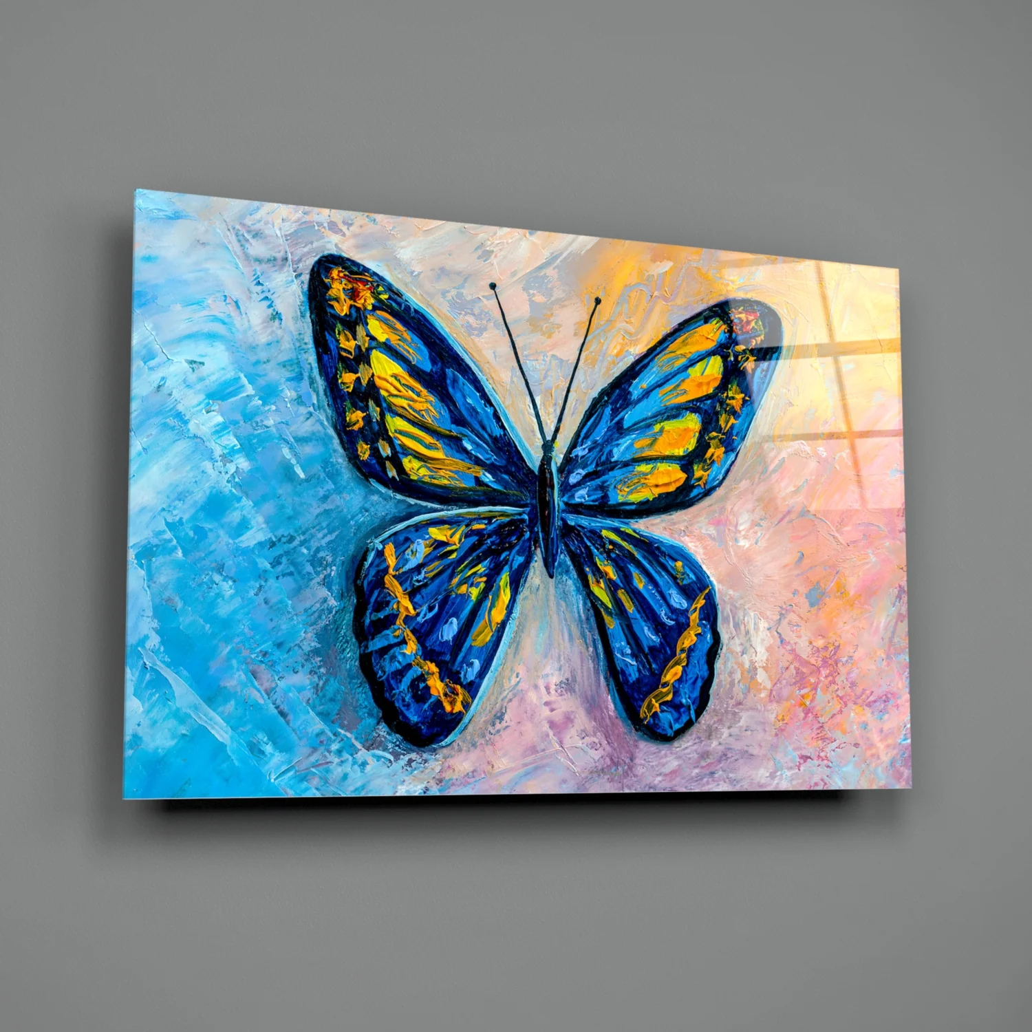Blue and Gold Oil Butterfly Glass Wall Art - Image 2