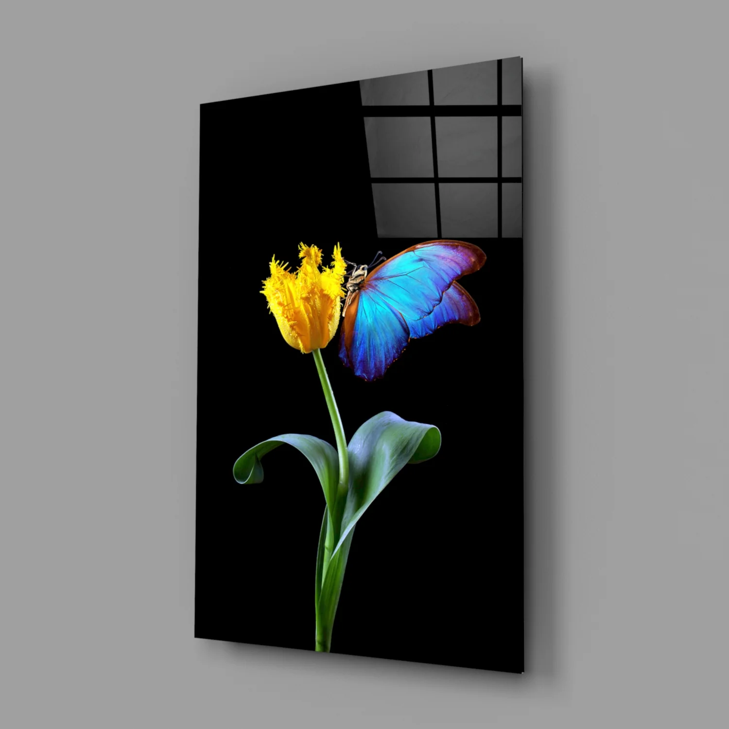 Blue Butterfly Yellow Tulip Glass Wall Art - Image 2