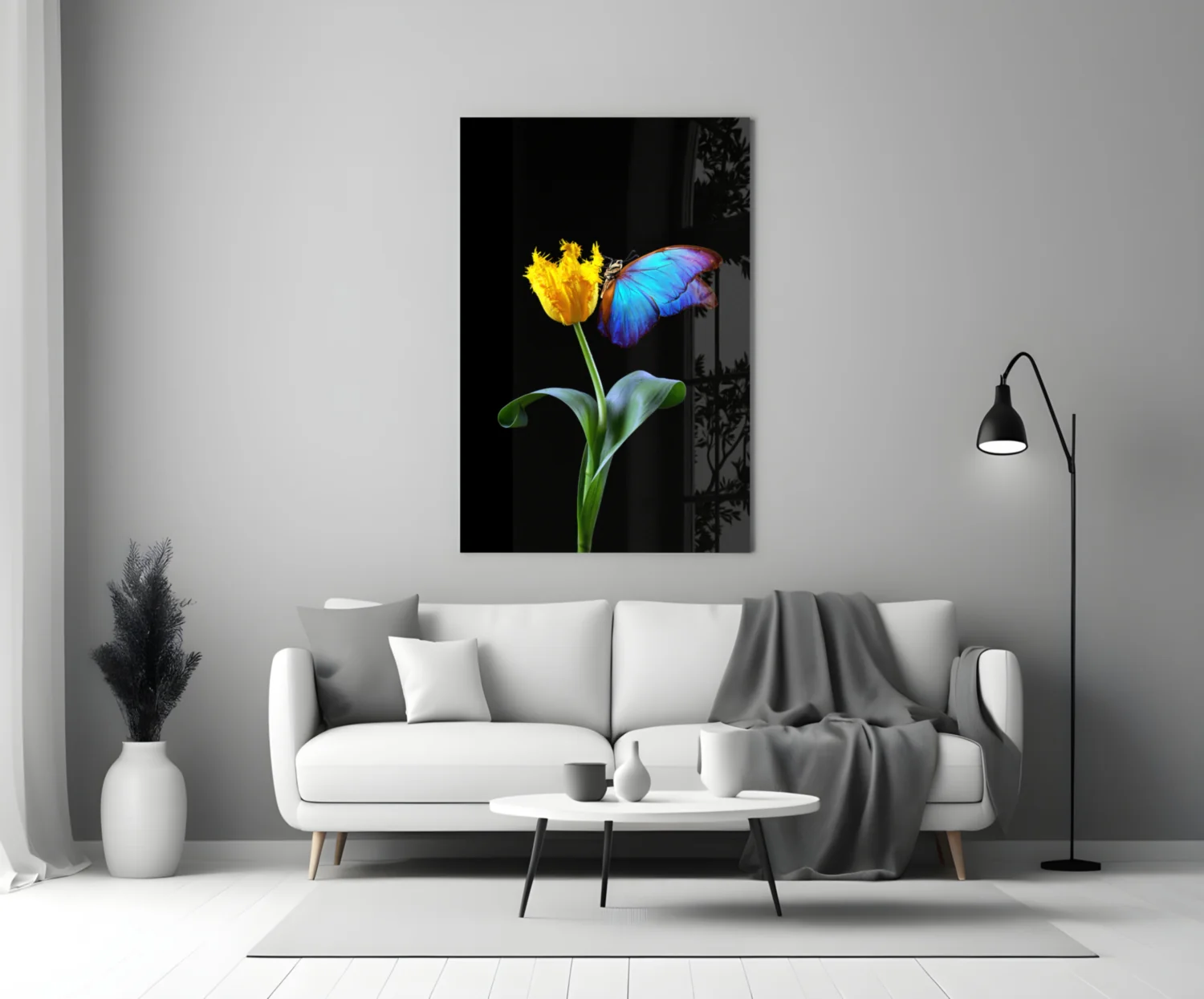 Blue Butterfly Yellow Tulip Glass Wall Art - Image 3