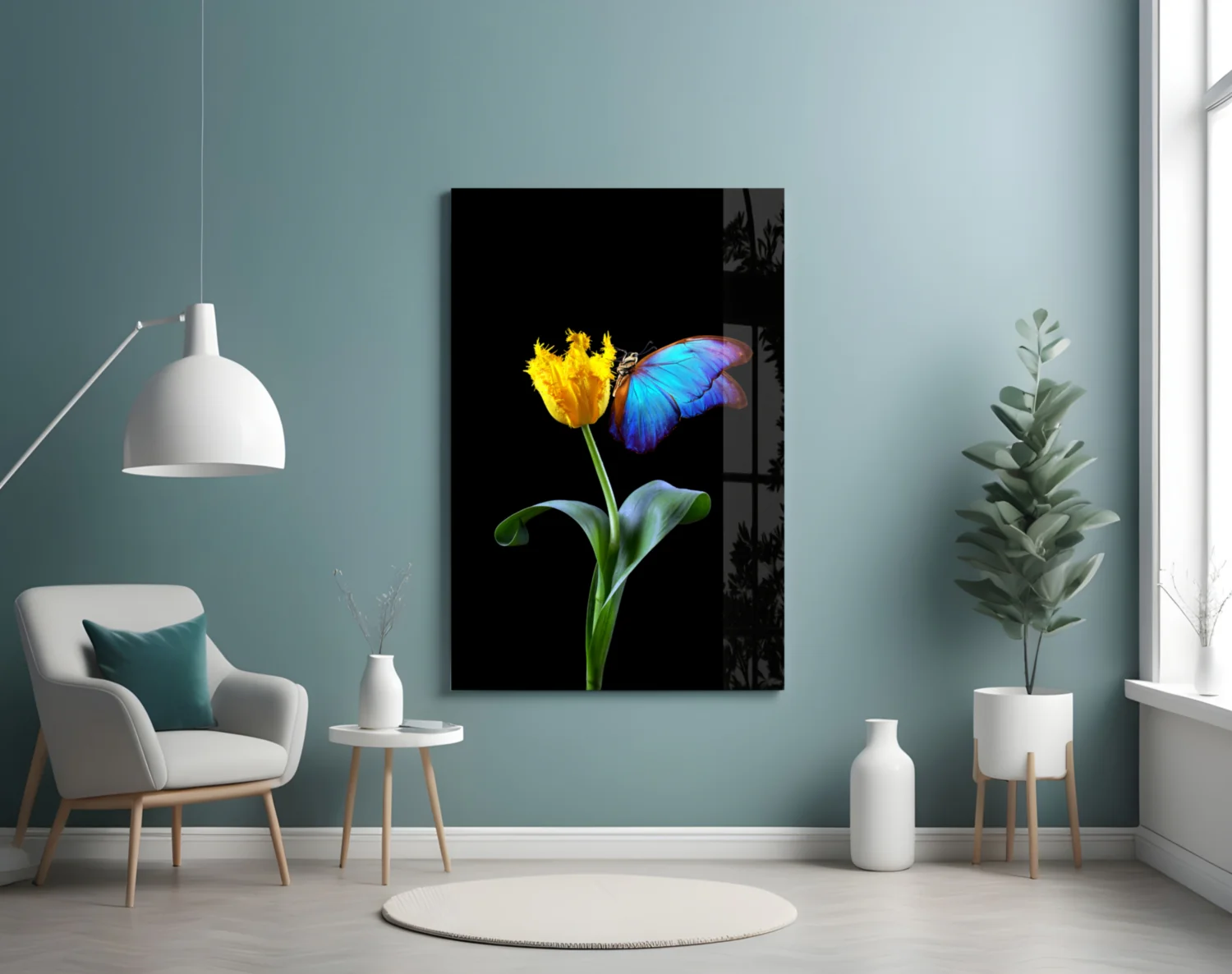 Blue Butterfly Yellow Tulip Glass Wall Art - Image 4