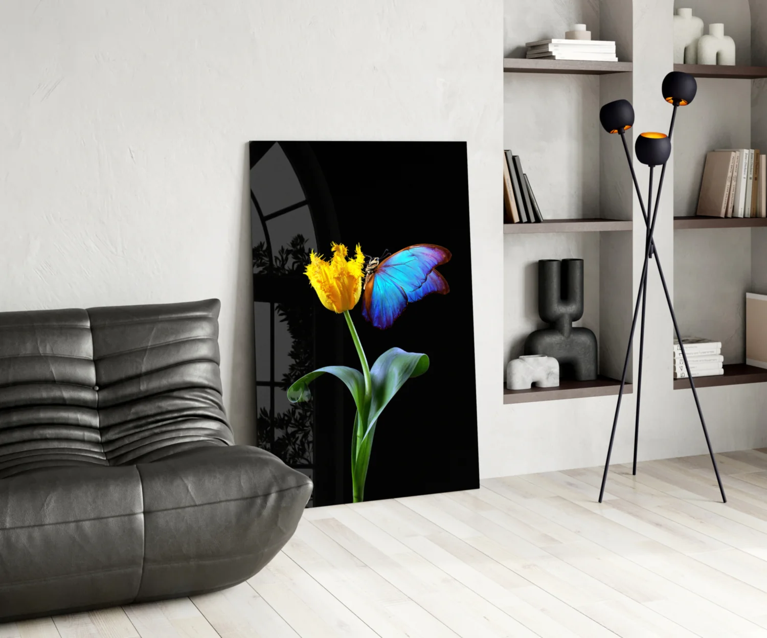 Blue Butterfly Yellow Tulip Glass Wall Art - Image 5