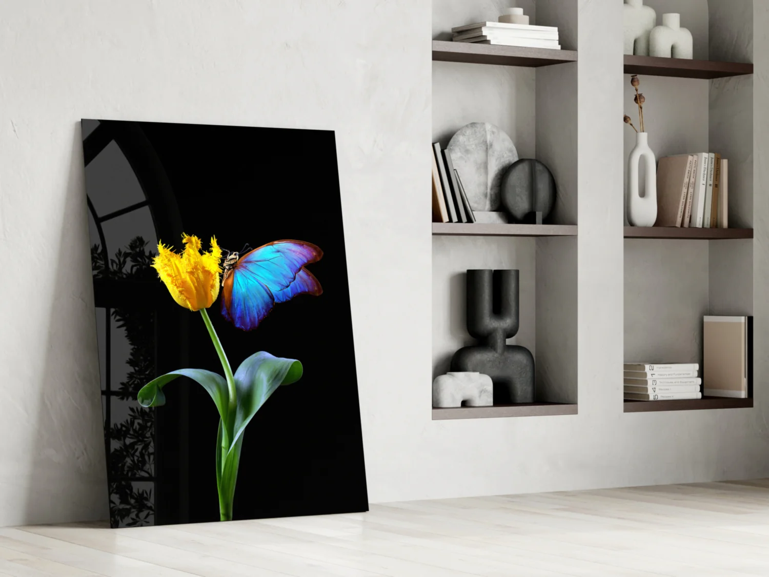 Blue Butterfly Yellow Tulip Glass Wall Art - Image 6
