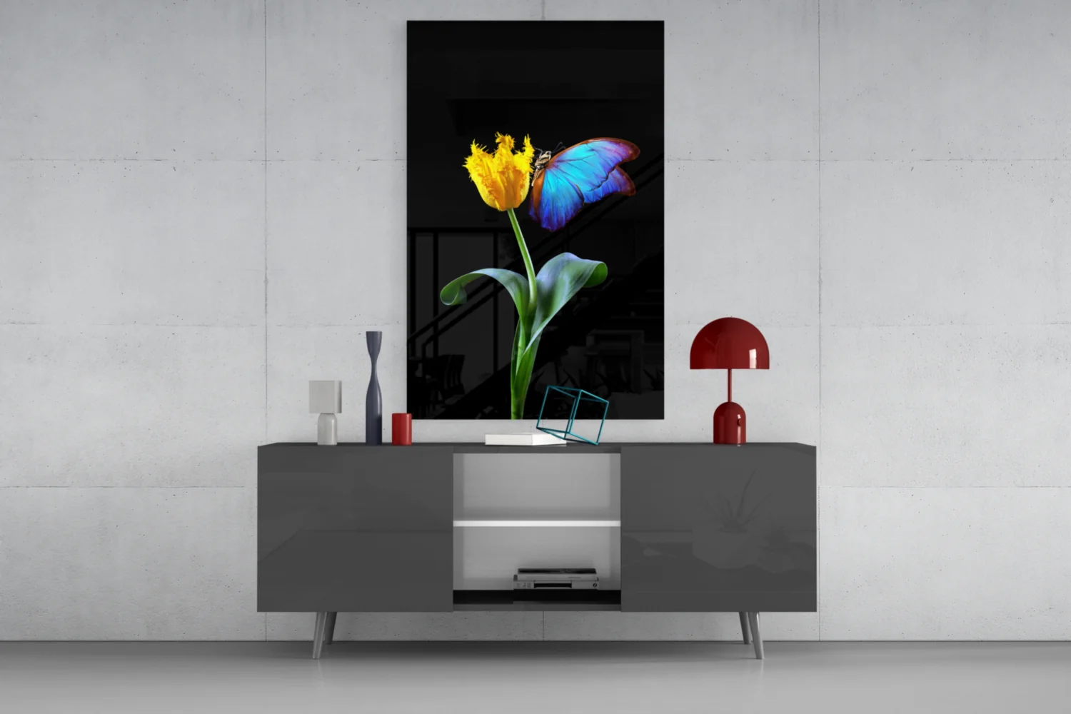 Blue Butterfly Yellow Tulip Glass Wall Art - Image 8