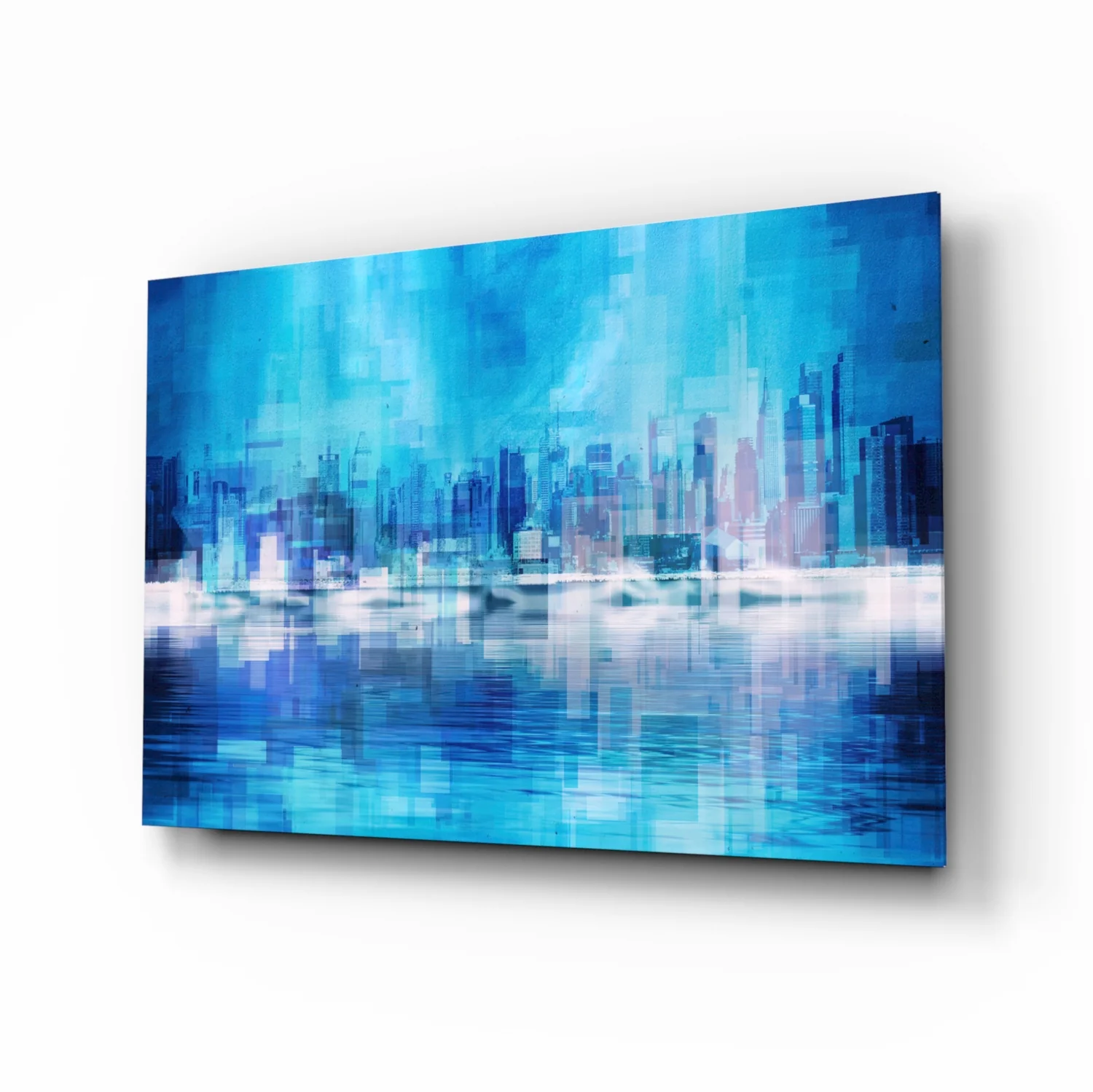 Blue City Skyline Reflection Glass Wall Art - Image 2