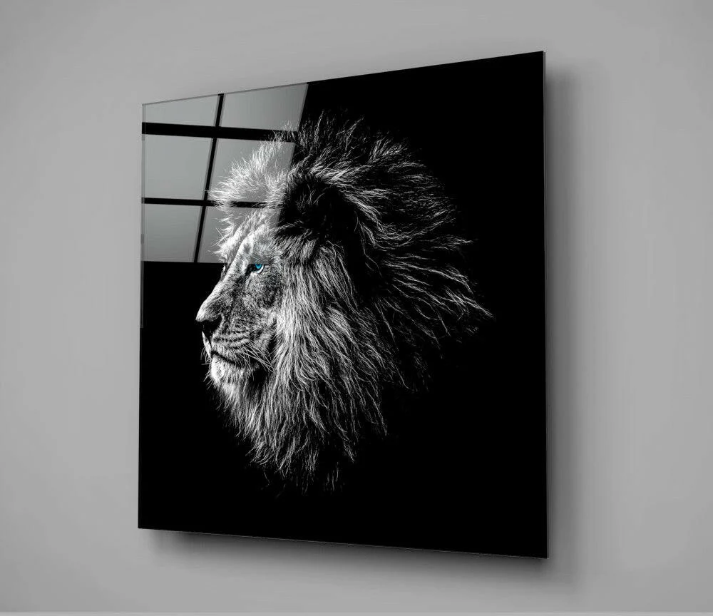 Blue Eyed Monochrome Lion Profile Glass Wall Art - Image 2