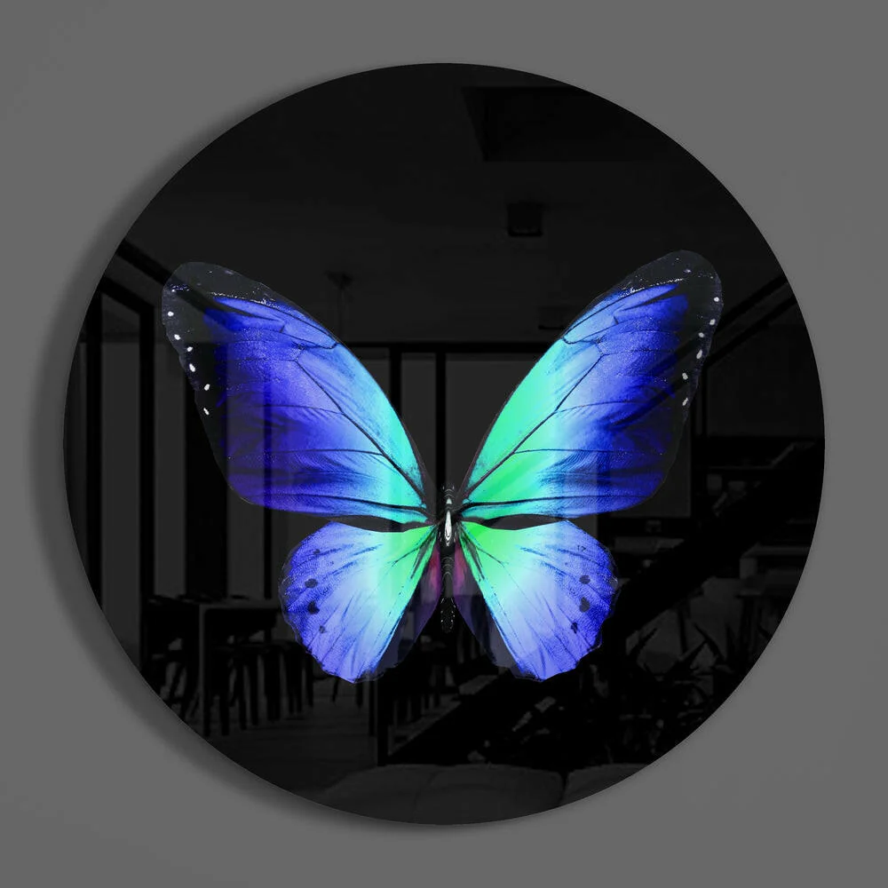 Blue Green Butterfly on Black Glass Wall Art - Image 3