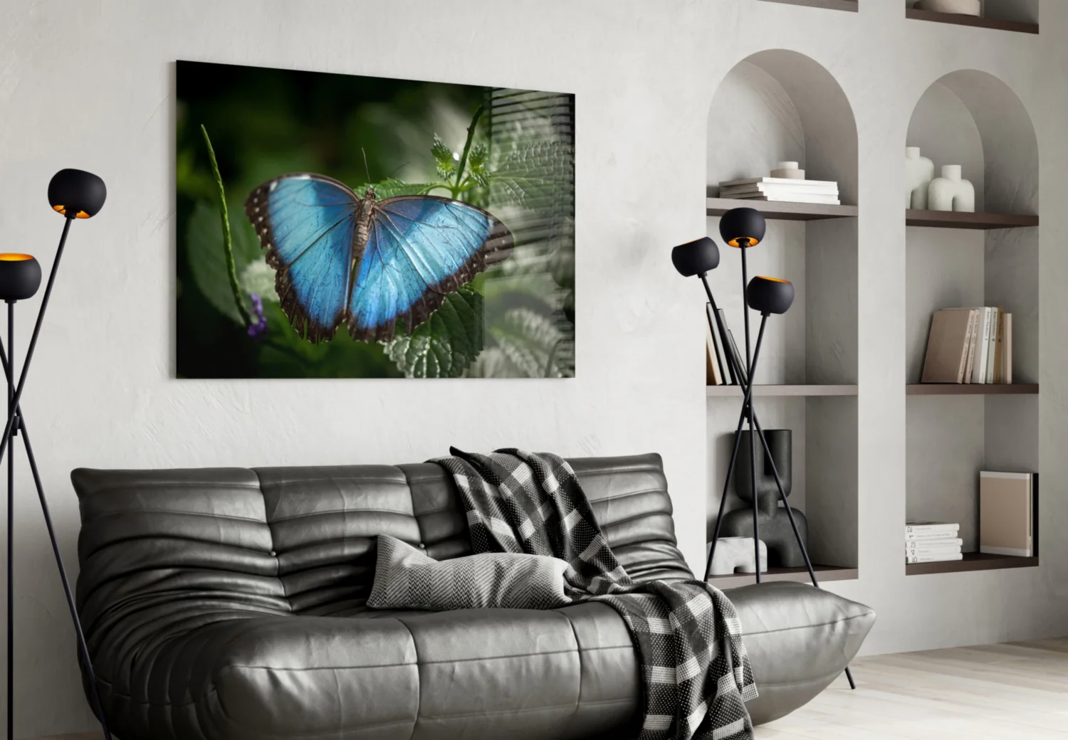 Blue Morpho on Leaves Butterfly Glass Wall Art - Image 4