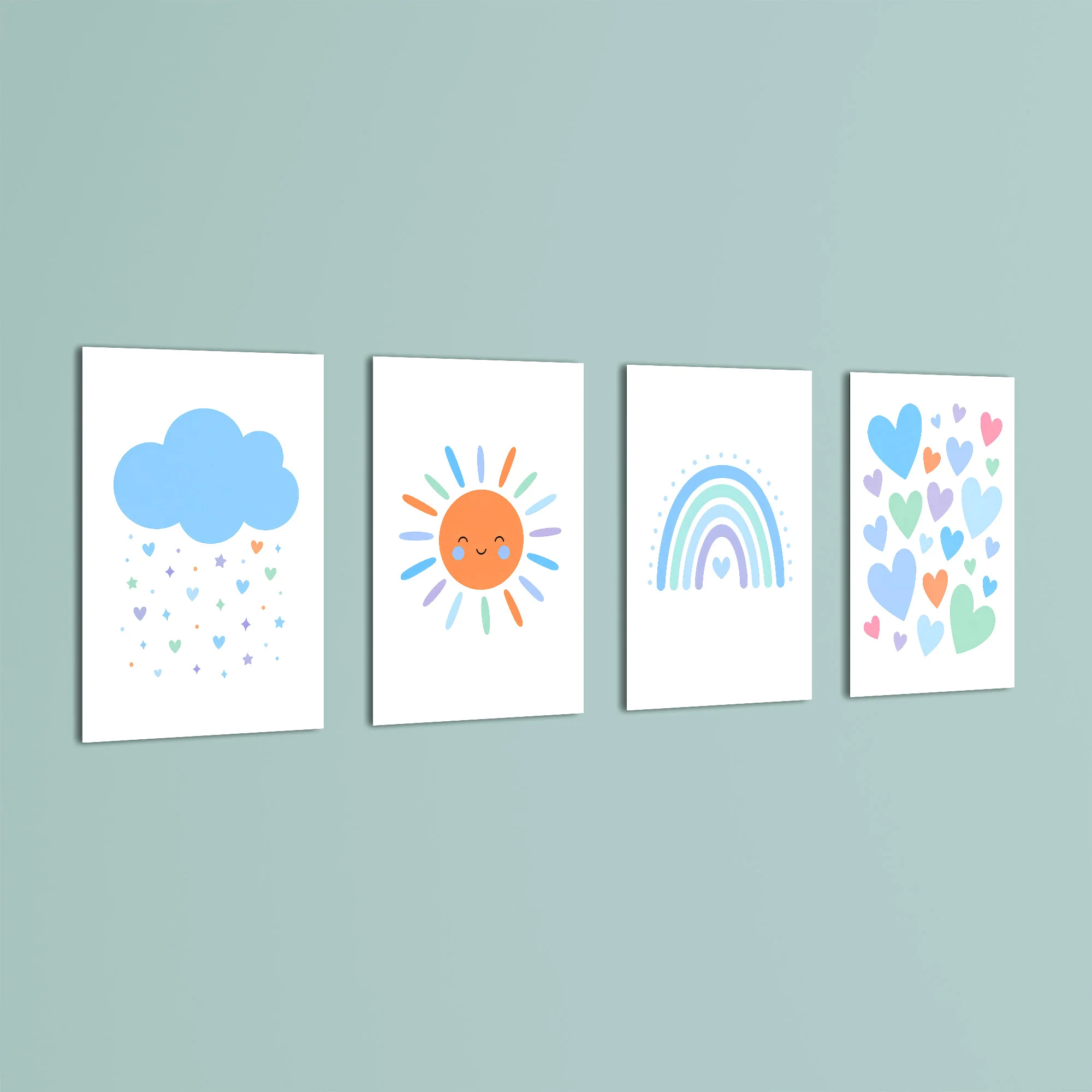 Blue Rainbow Sun Cloud Hearts 4 Pieces Kids Metal Wall Art