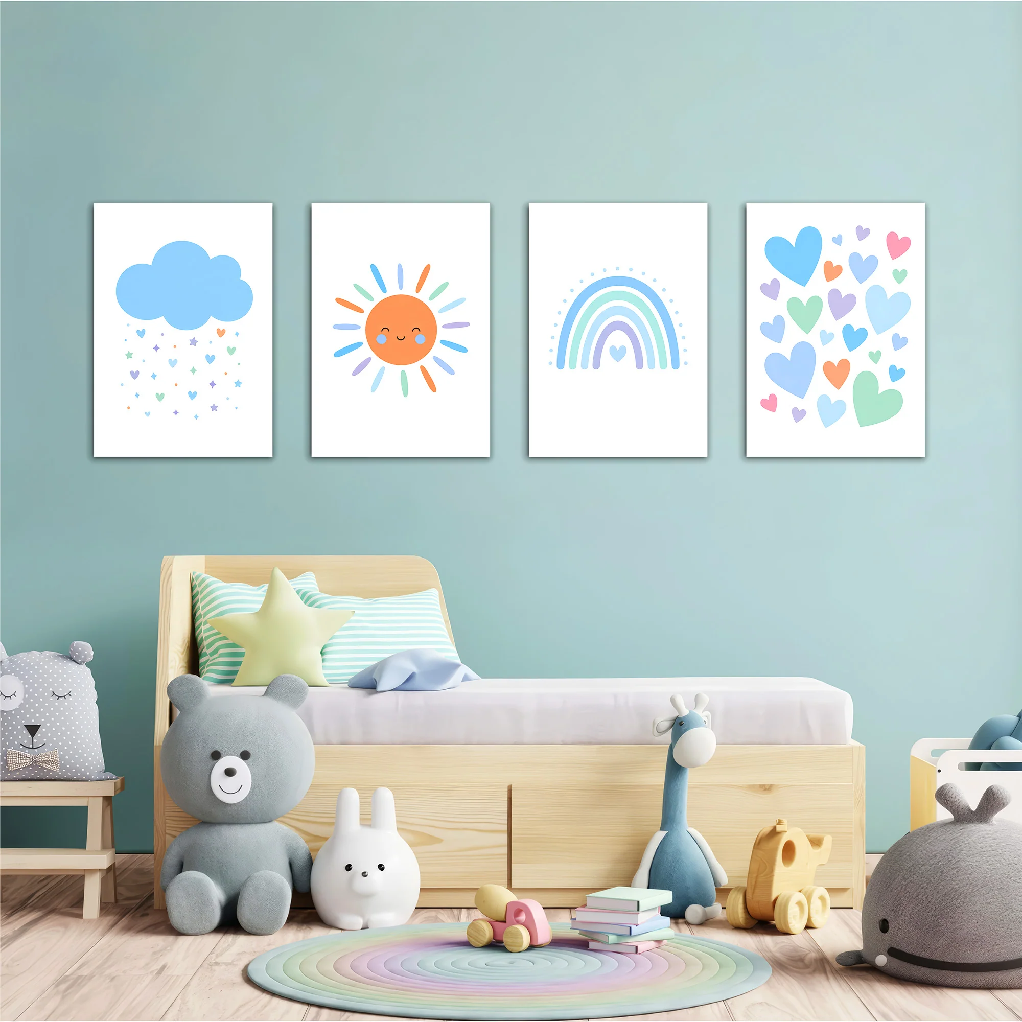 Blue Rainbow Sun Cloud Hearts 4 Pieces Kids Metal Wall Art - Image 2