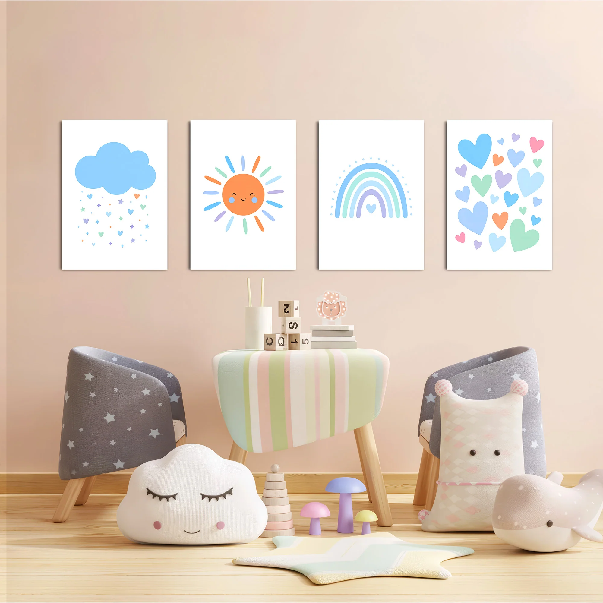 Blue Rainbow Sun Cloud Hearts 4 Pieces Kids Metal Wall Art - Image 6