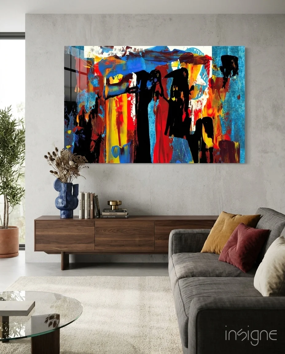 Blue Red Expressive Figures Glass Wall Art